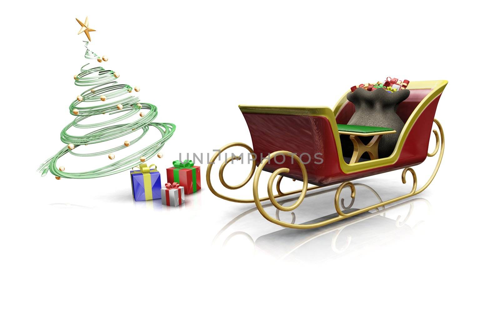 3D render of santas sleigh with presents and a Christmas tree