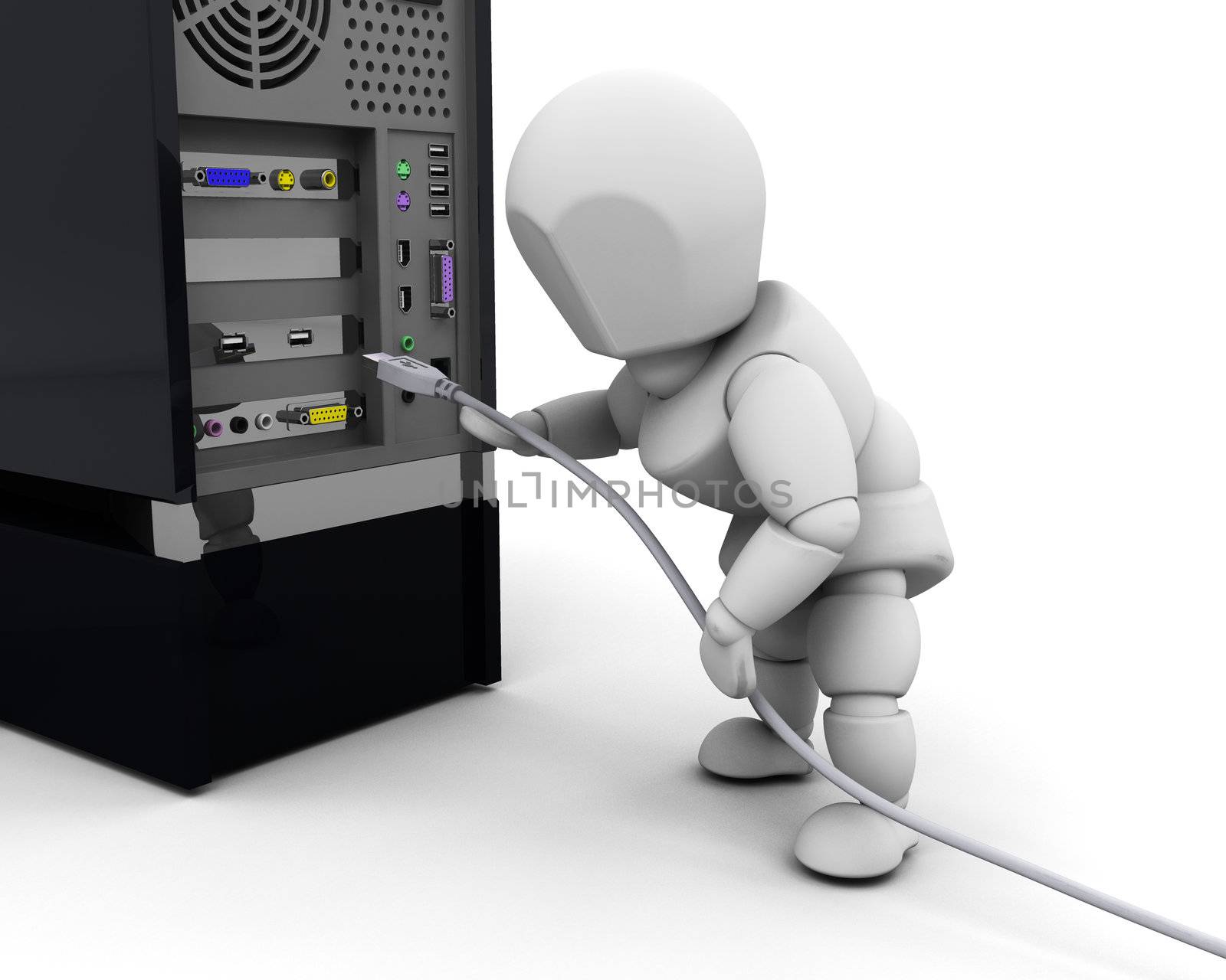 3D render of a person plugging in a computer cable