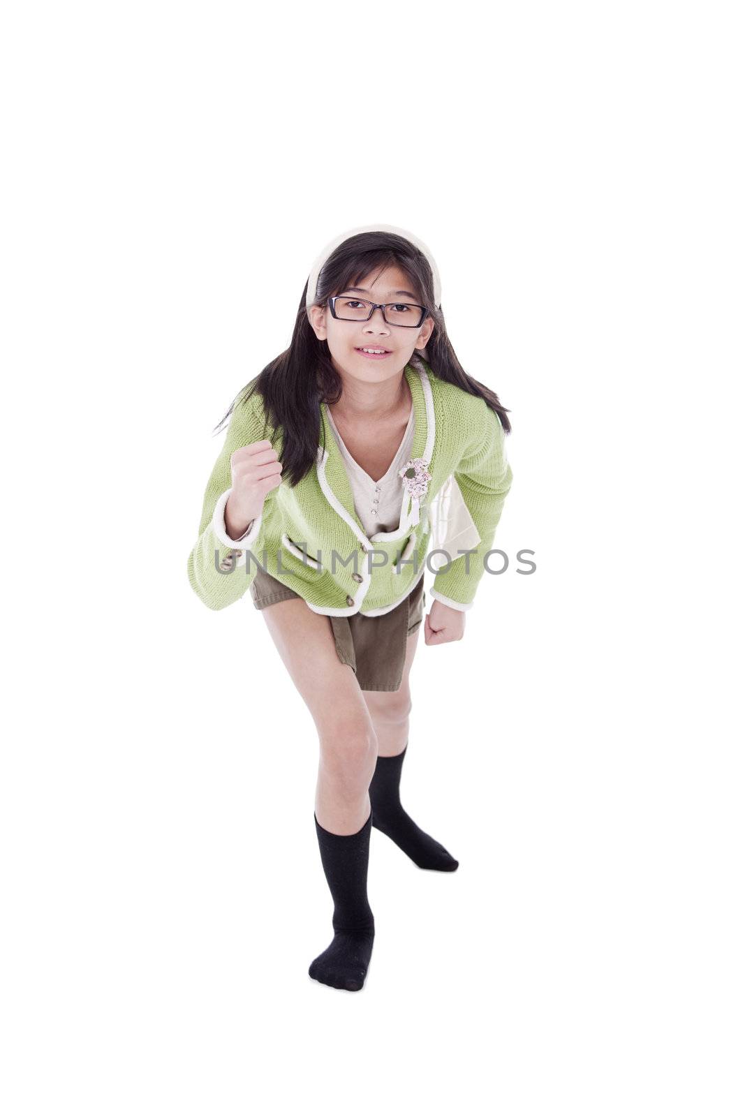 Girl in green sweater with  running stance  by jarenwicklund