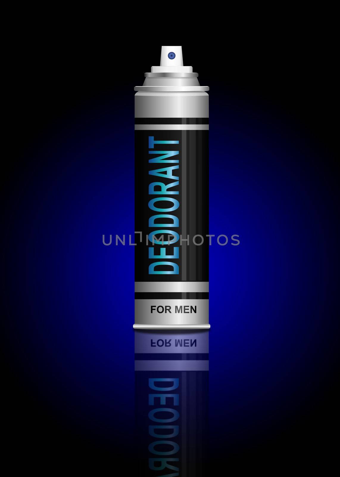 Illustration depicting a single deodorant spray can arranged over dark blue light effect.