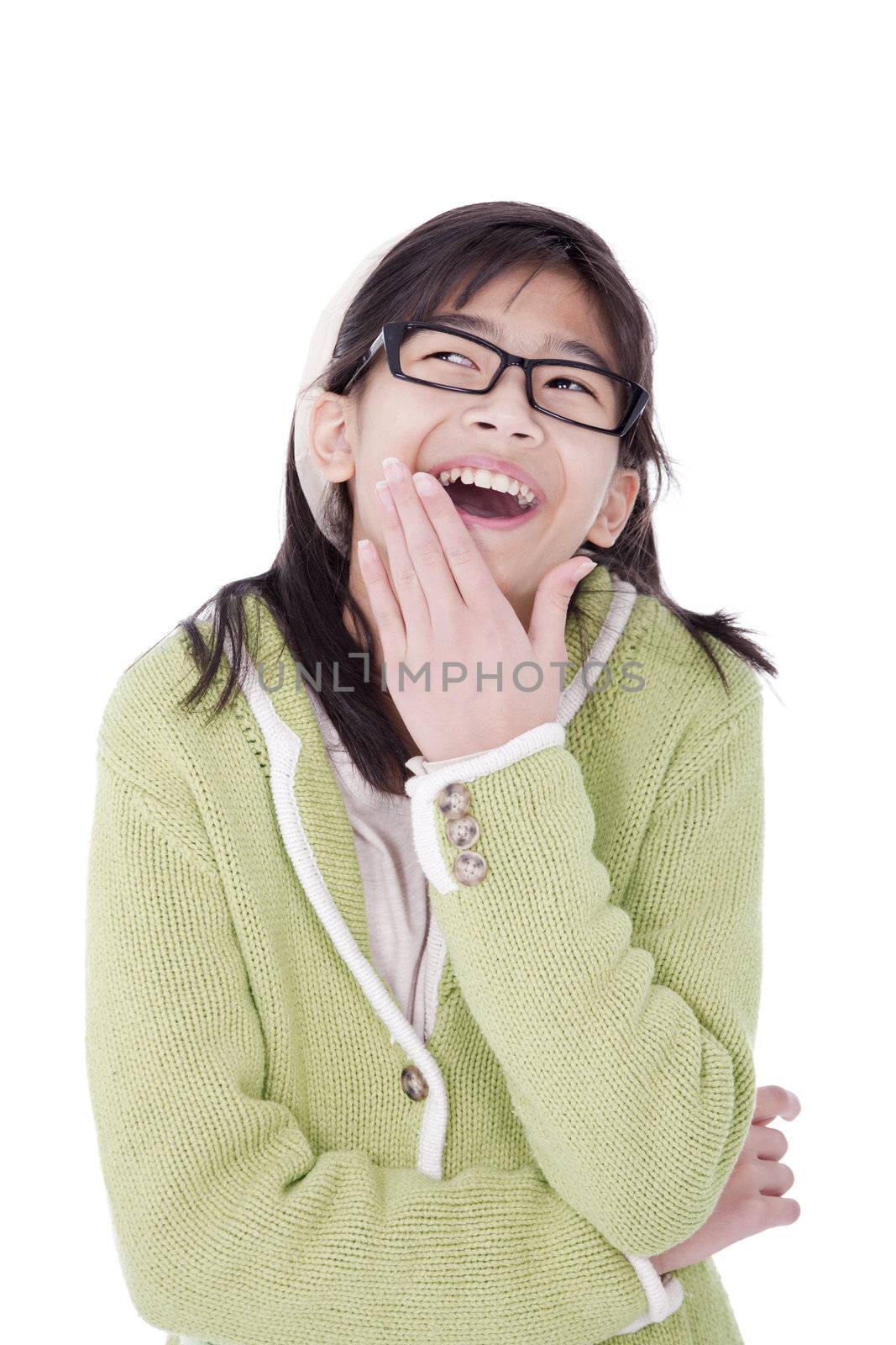 Biracial asian girl in green sweater and glasses looking up and covering a laugh