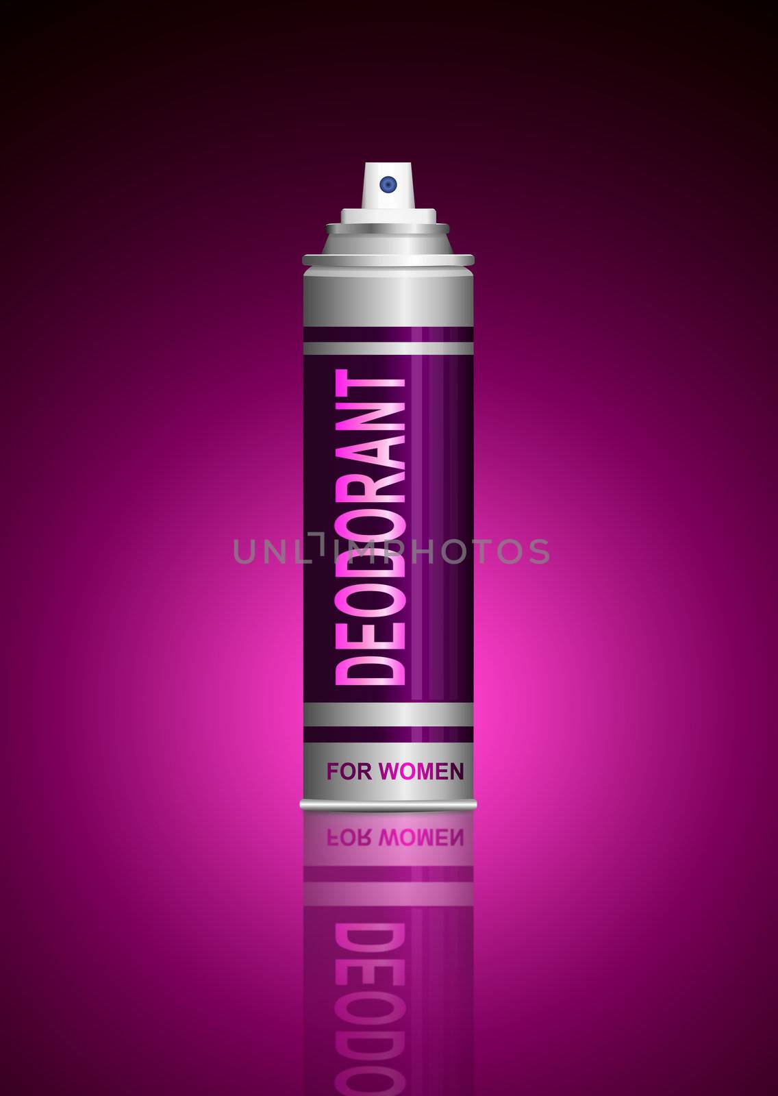 Illustration depicting a single deodorant spray can arranged over pink light effect.
