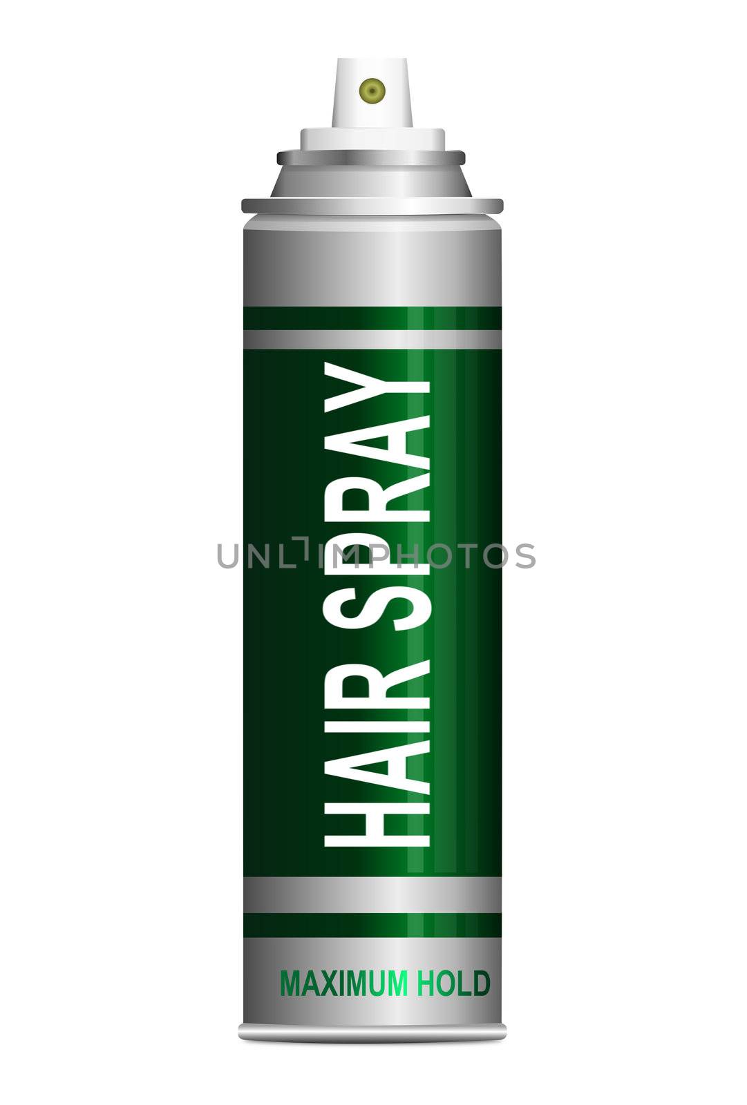 Illustration depicting a single hair spray aerosol can arranged over white.