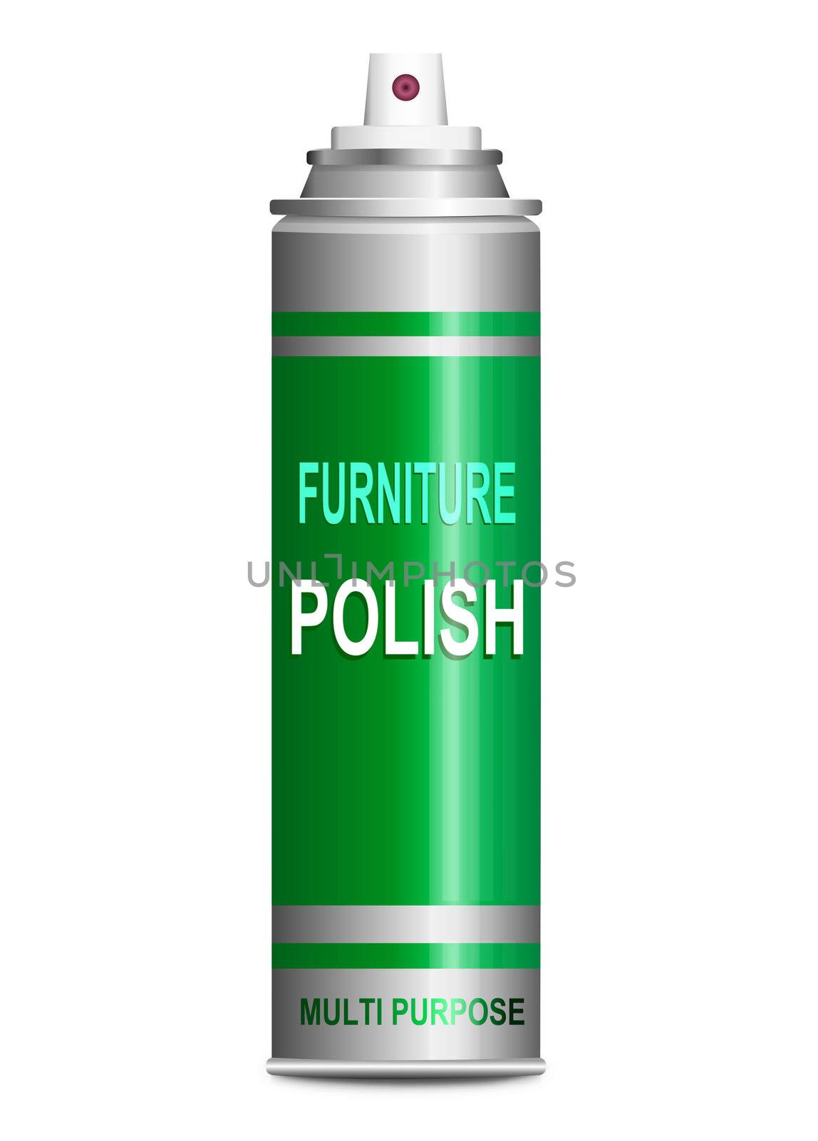 Illustration depicting a single furniture polish aerosol spray arranged over white.
