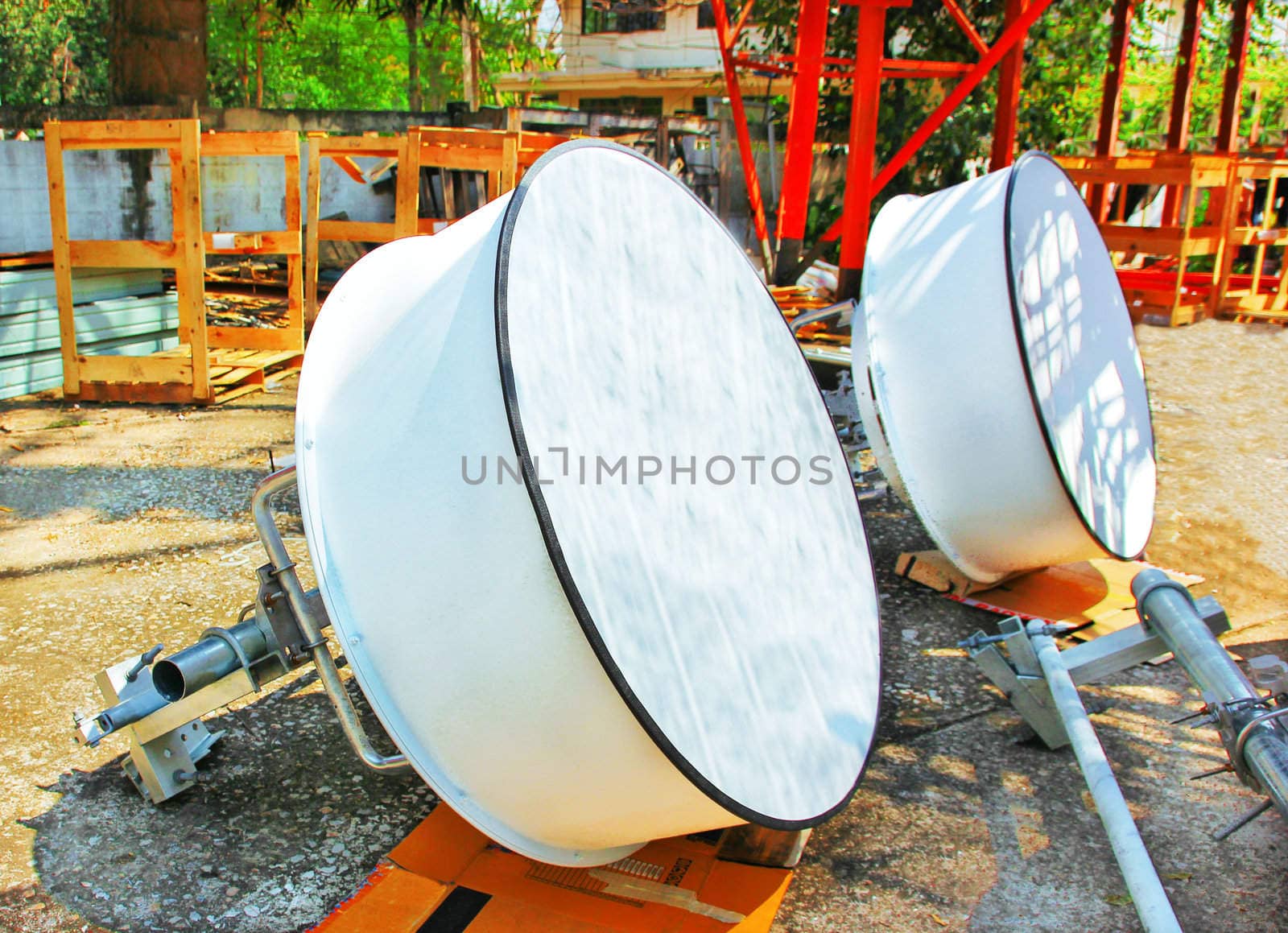 Equipment in preparation for the satellite dishes placed on the floor