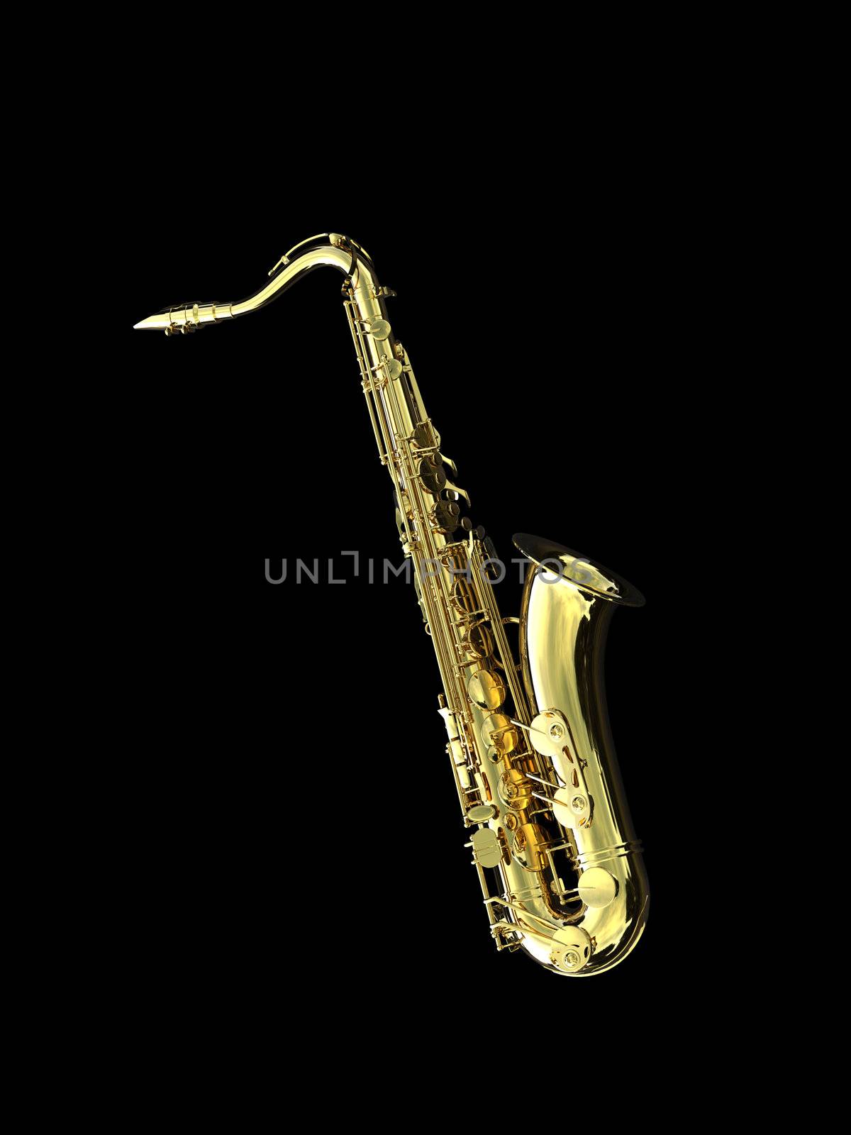 a 3d golden saxophone isolated over black background