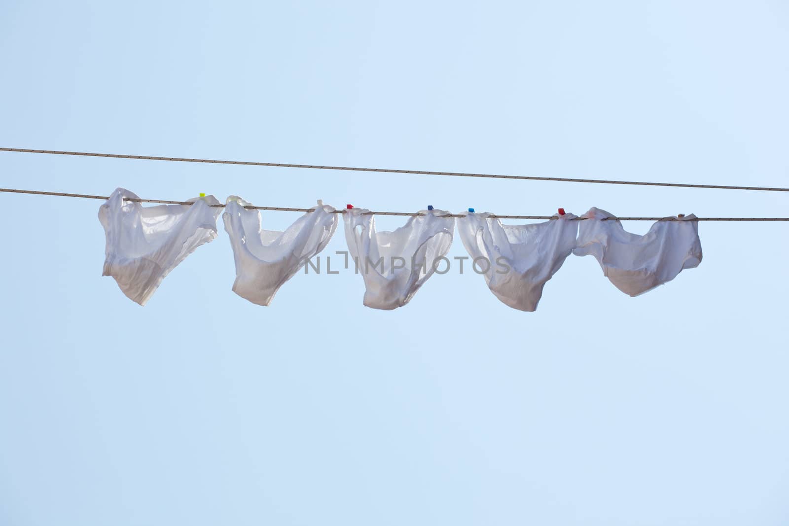 White underpants hanging to dry on a clothes-line.