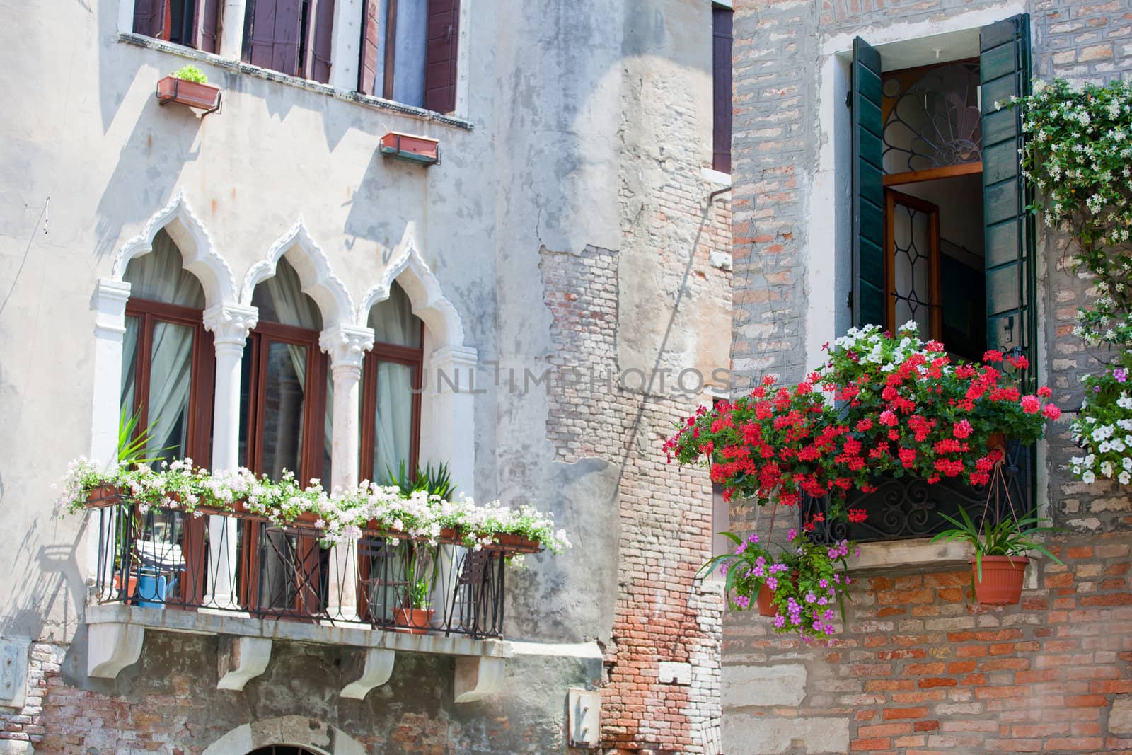 Typical Venetian balcony with flower pots