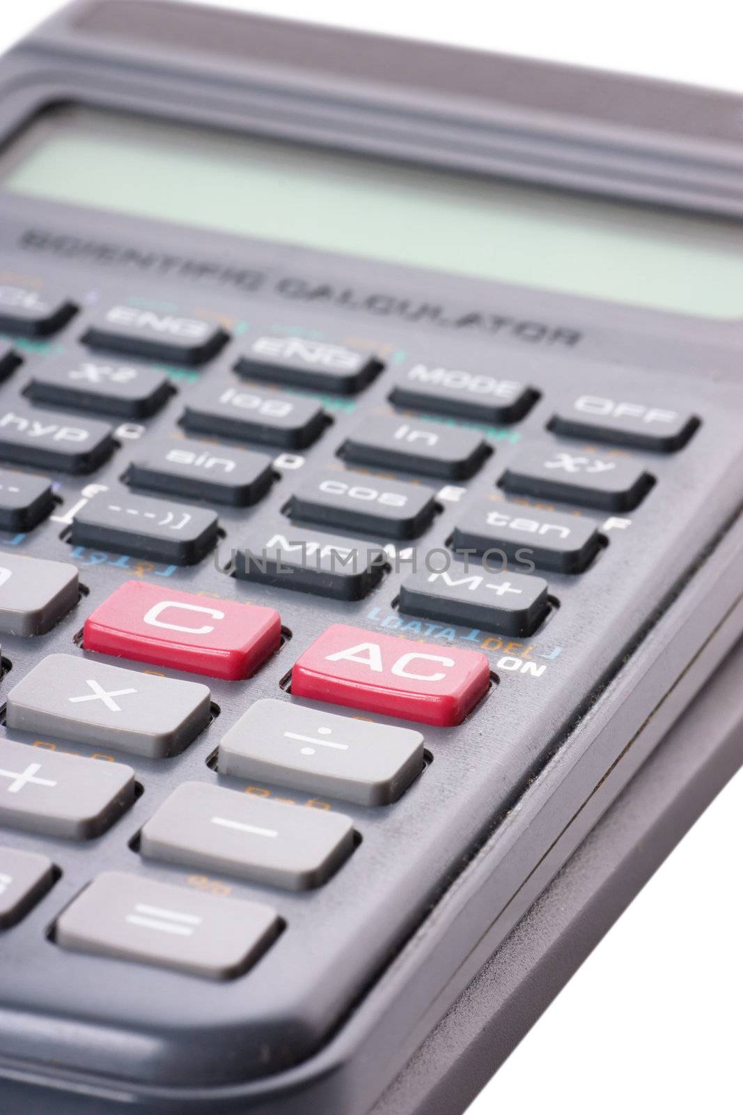 Closeup view of scintific calculator over white background