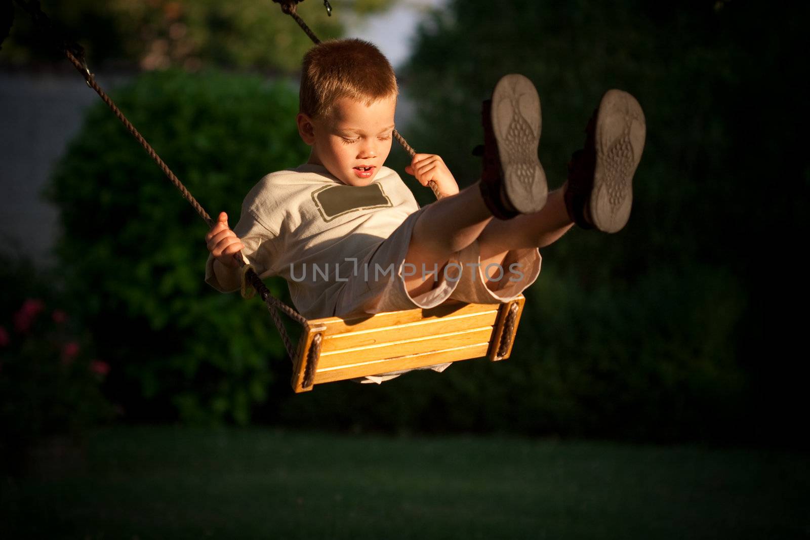 A young child playing on a swing
