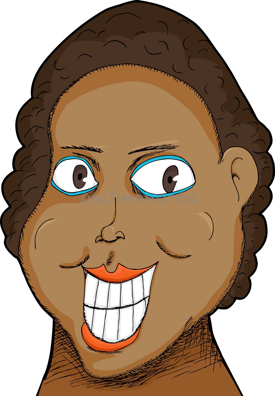 Caricature of a Black woman with big grin over white