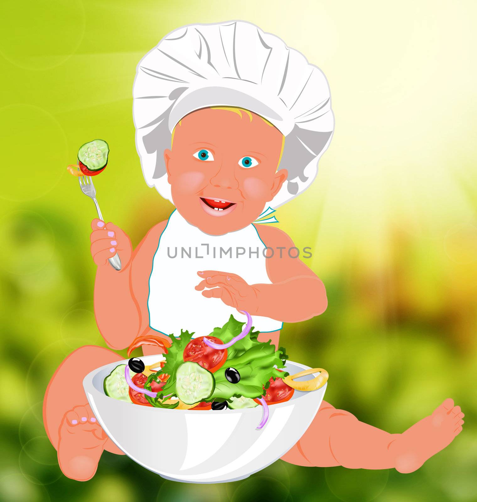 Chef Child and fresh vegetable salad