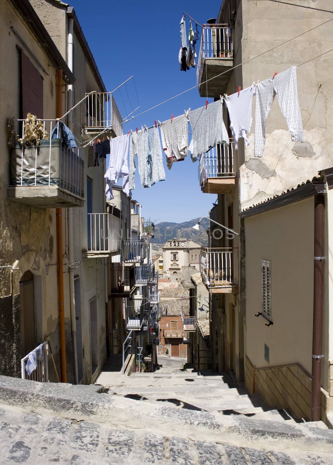 White laundry hanging to dry on a clothes-line, Leonforte - Italy