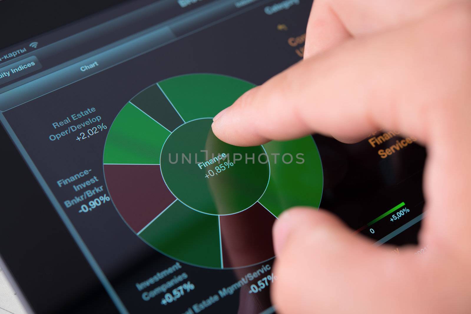 touching screen of tablet pc with market graph by Emevil