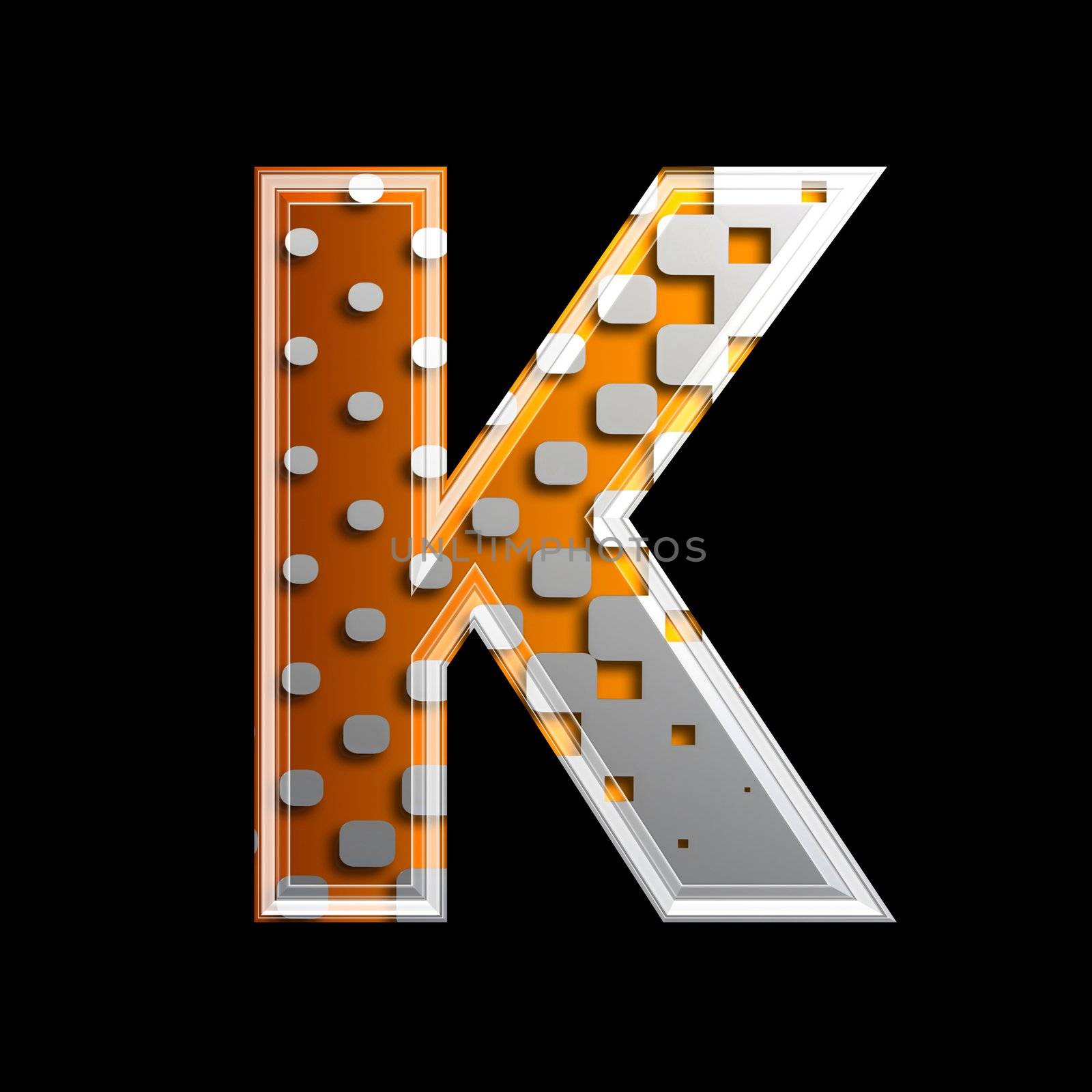 halftone 3d letter isolated on black background - K