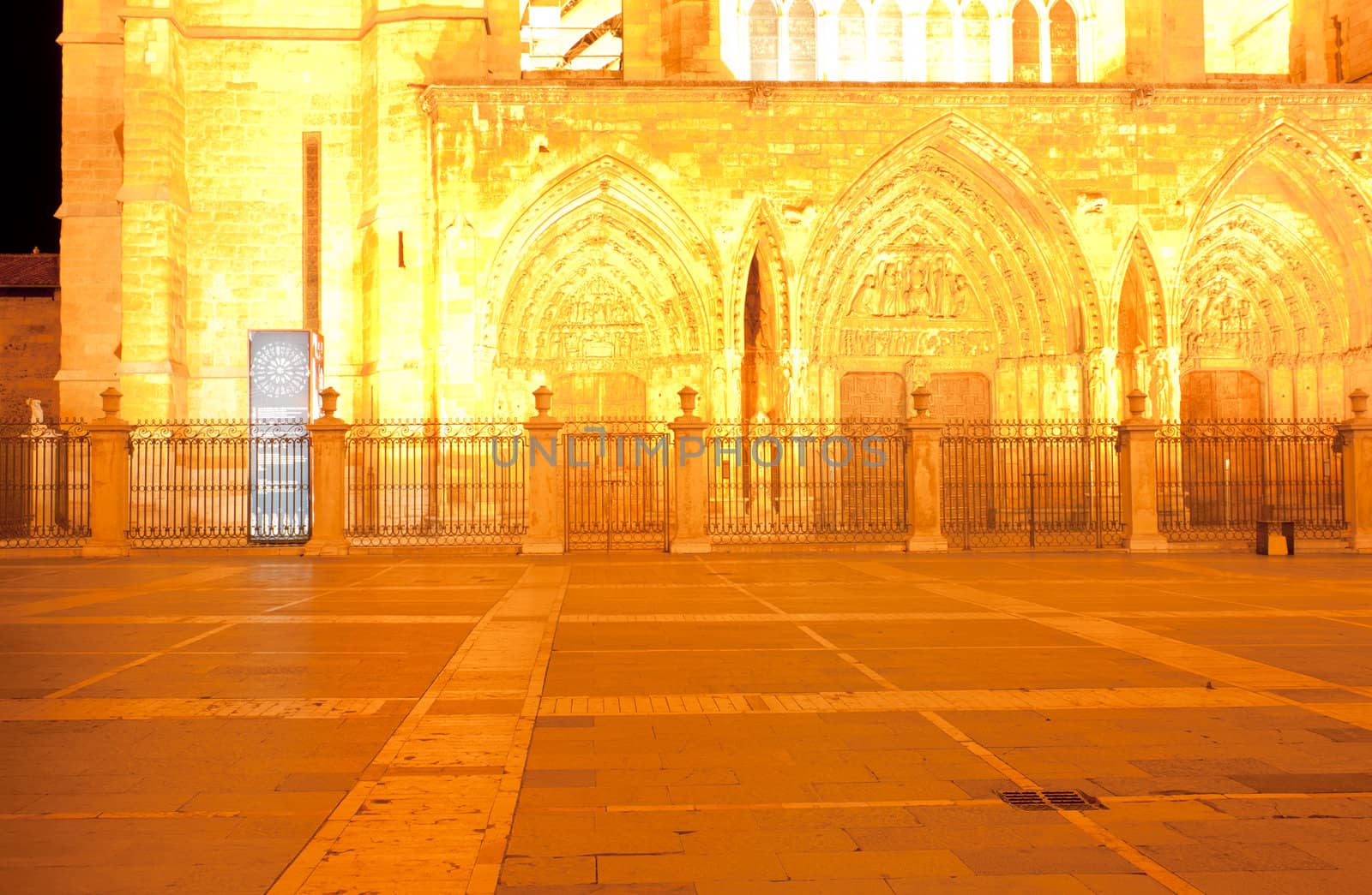 View of Leon Cathedral at sunset, Spain