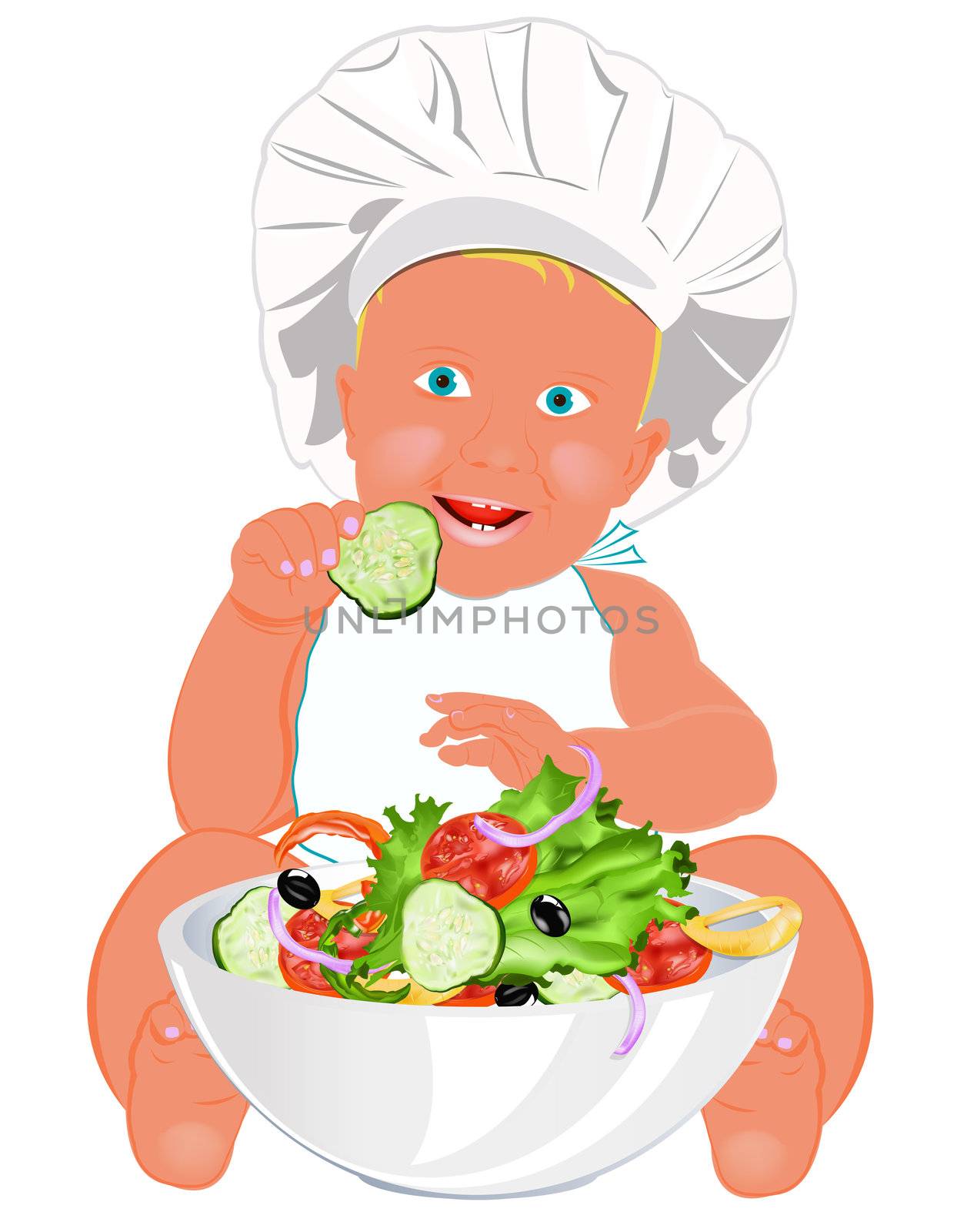 Chef Child and fresh vegetable salad on a white background