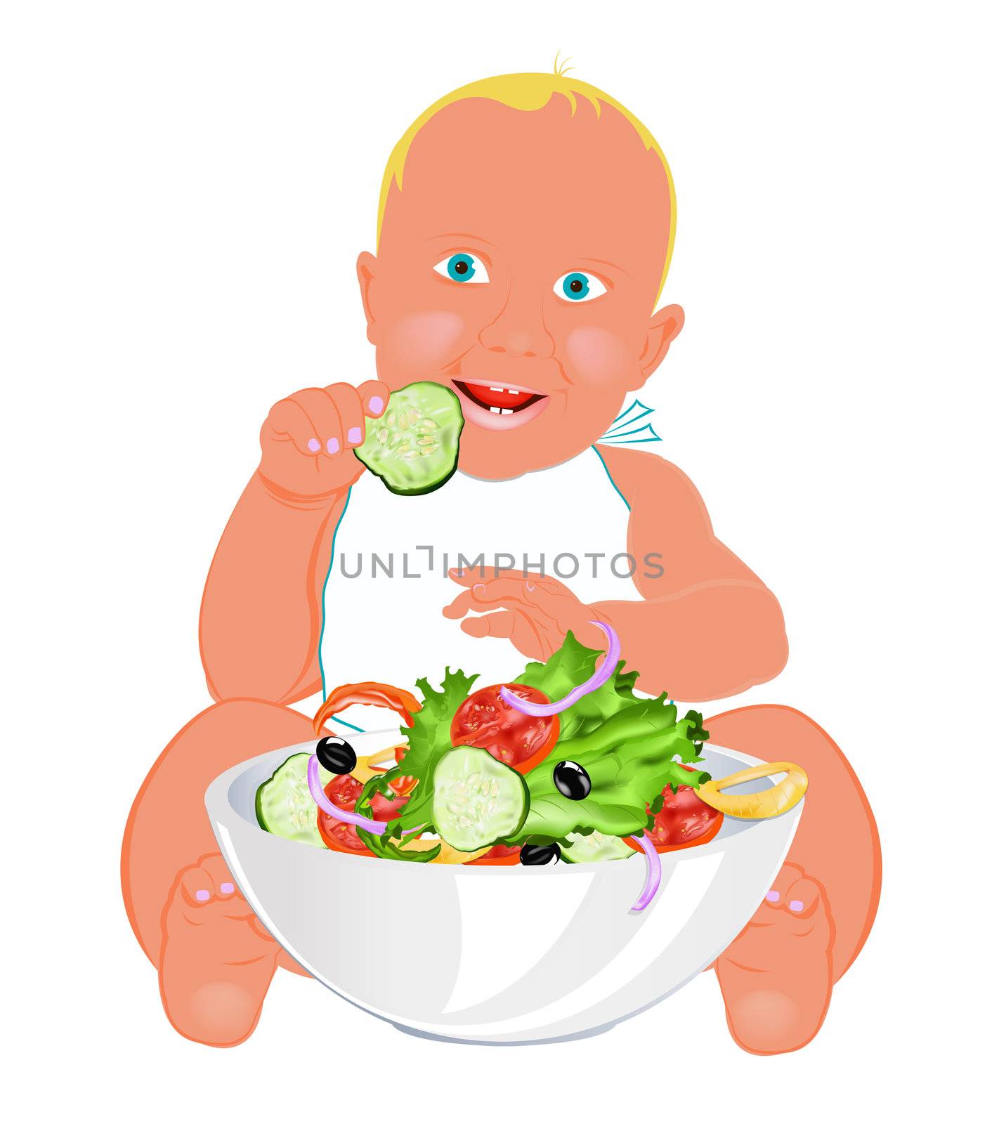 Child and fresh vegetable salad on a white background