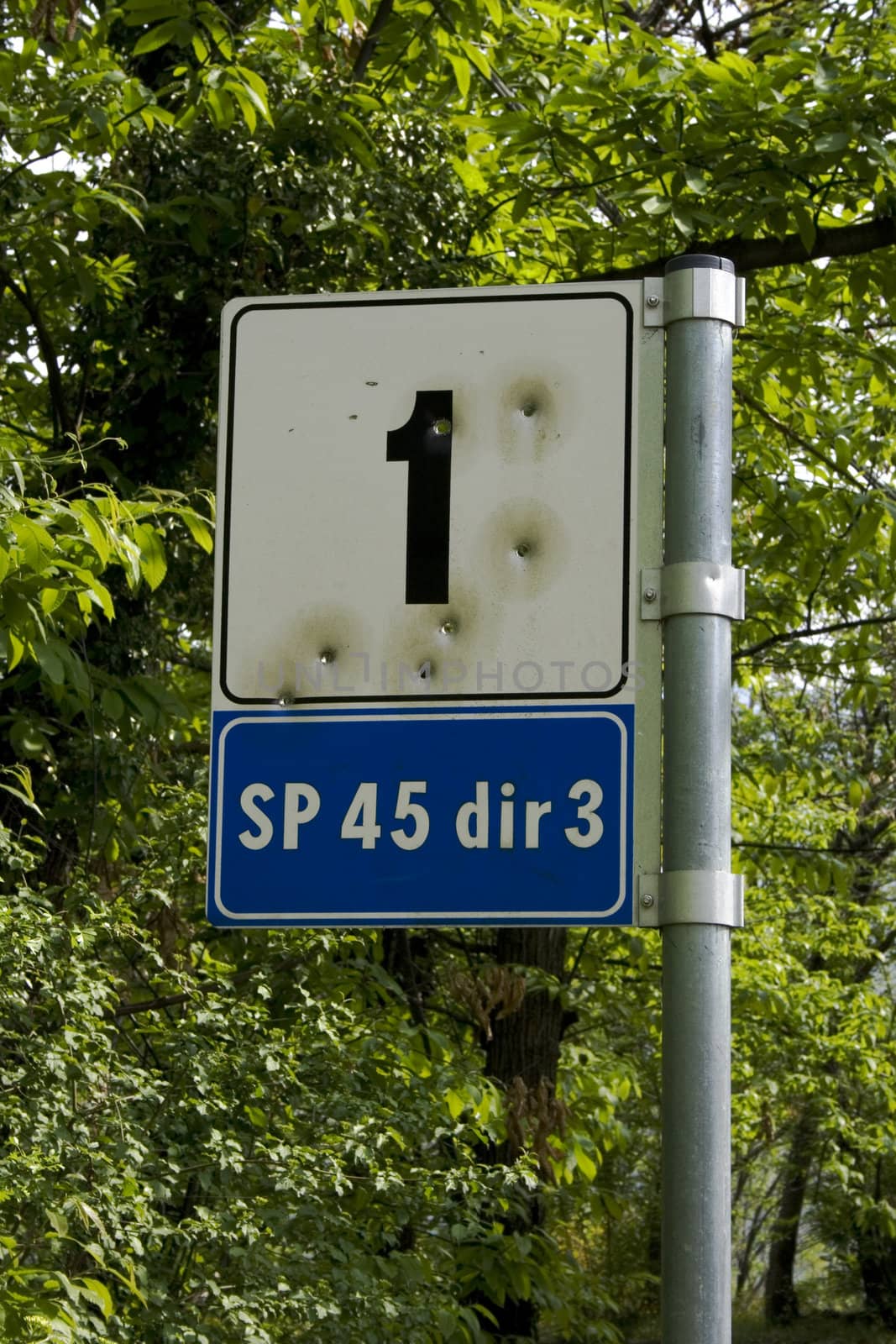Holes of gunshots in a road signal
