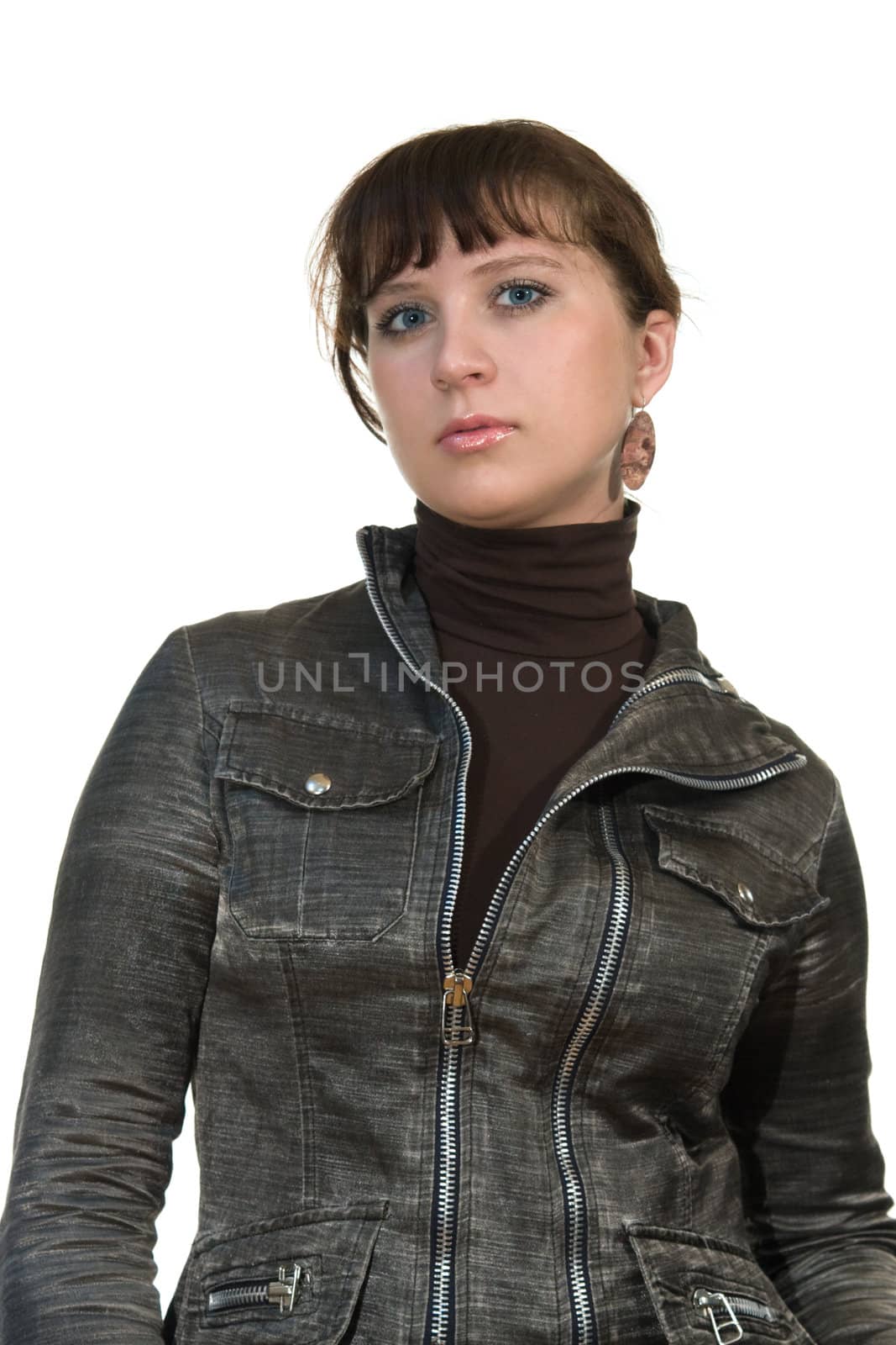 Portrait of the girl in a sports suit on a white background