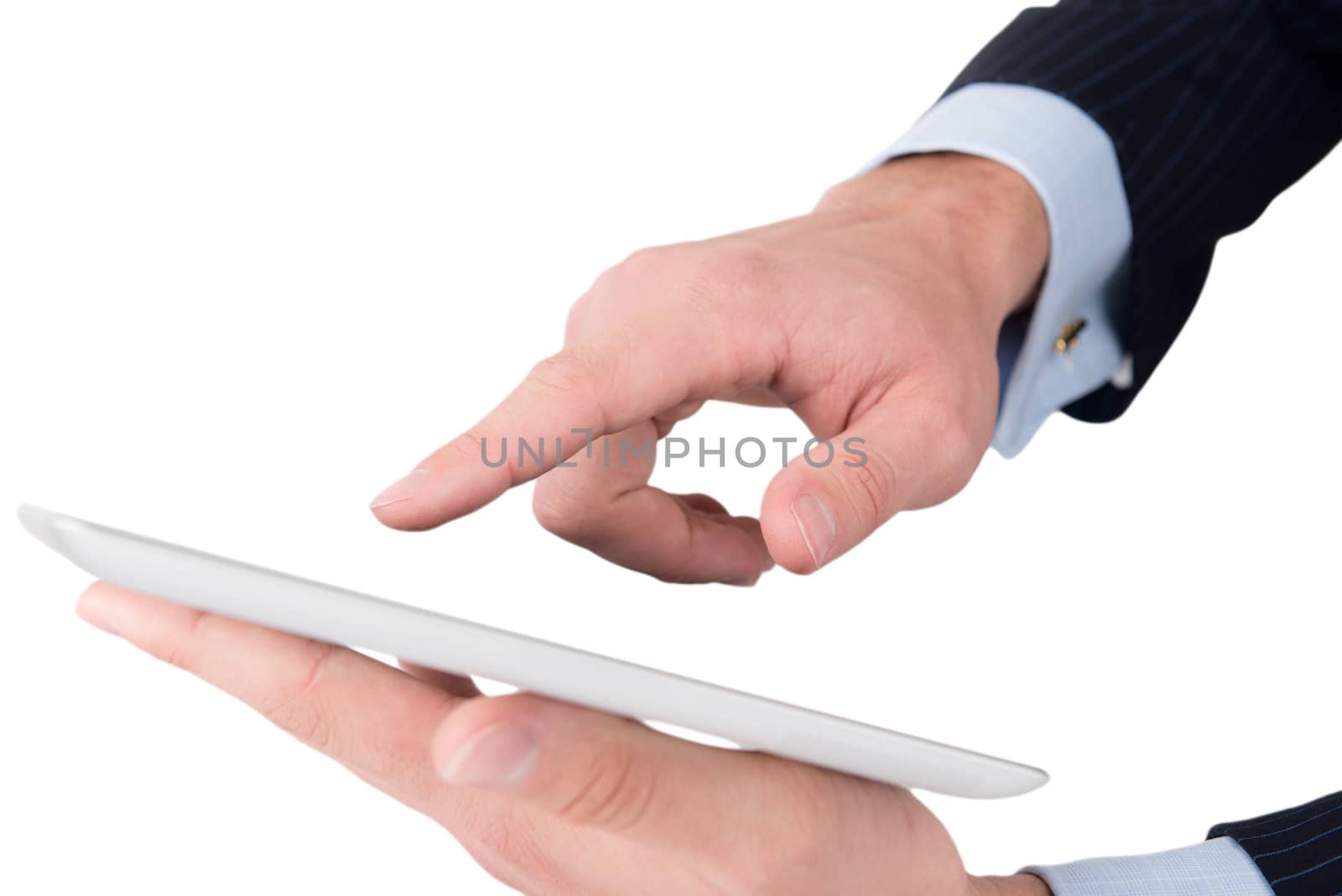 Man hands working on digital tablet, isolated on white