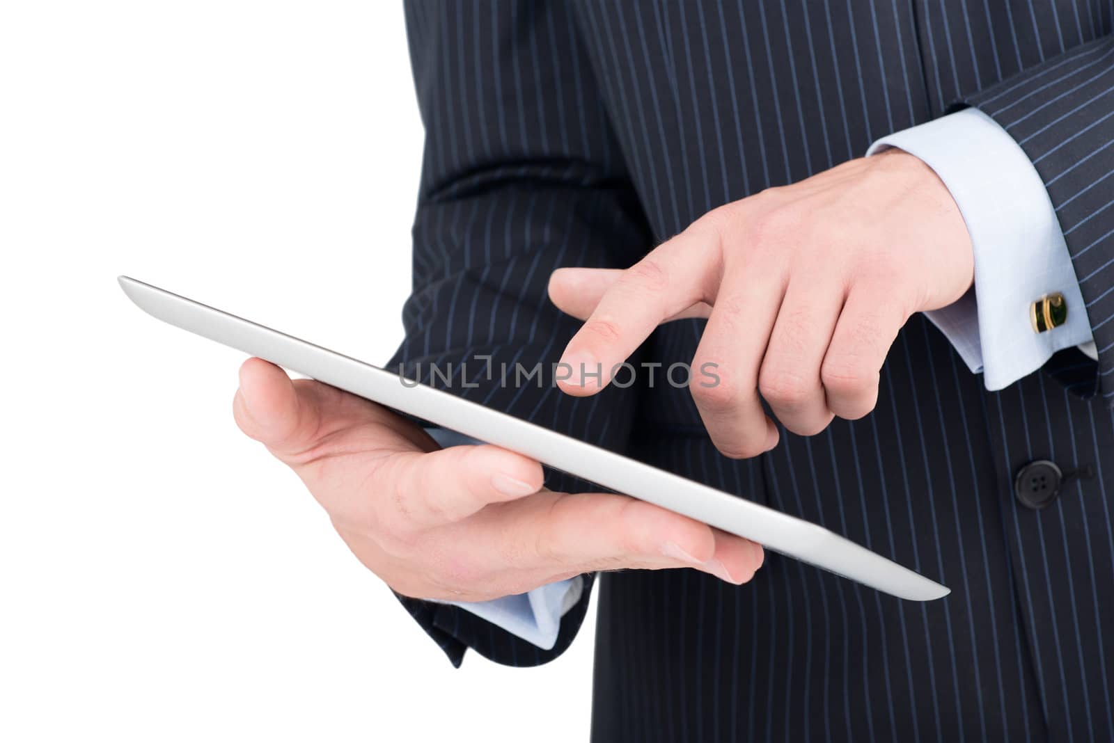 tablet computer in a businessman hands isolated on white