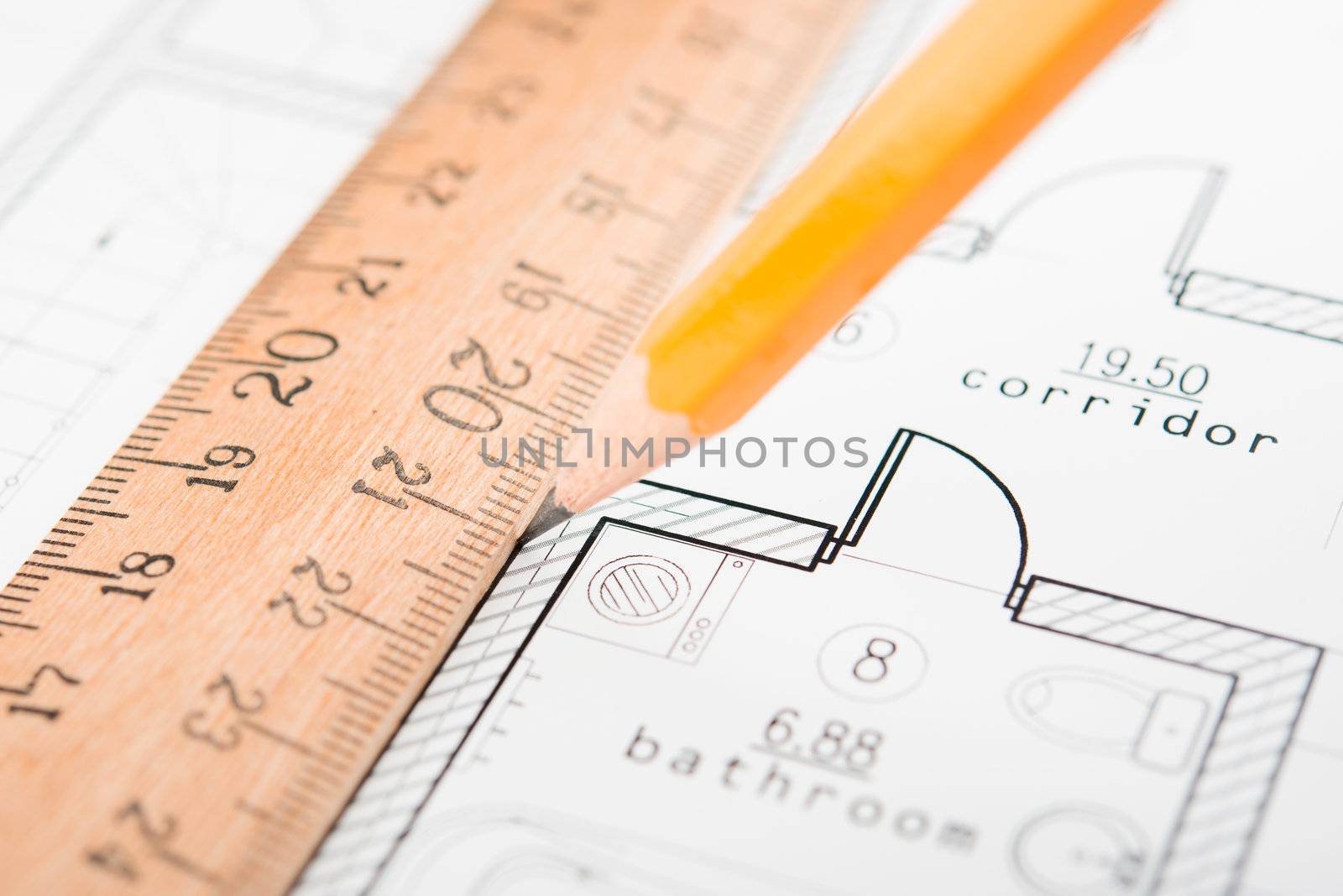Drafting Tools and blueprint . Pencil etc.