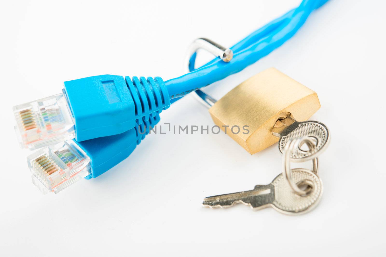 Security concept. Lock and two network cable