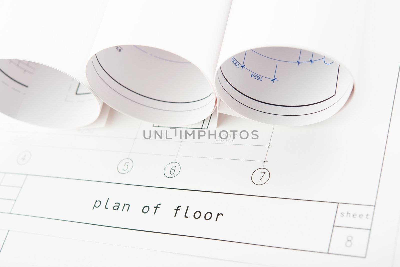 Several Rolls of Blueprints . Architecture concept.