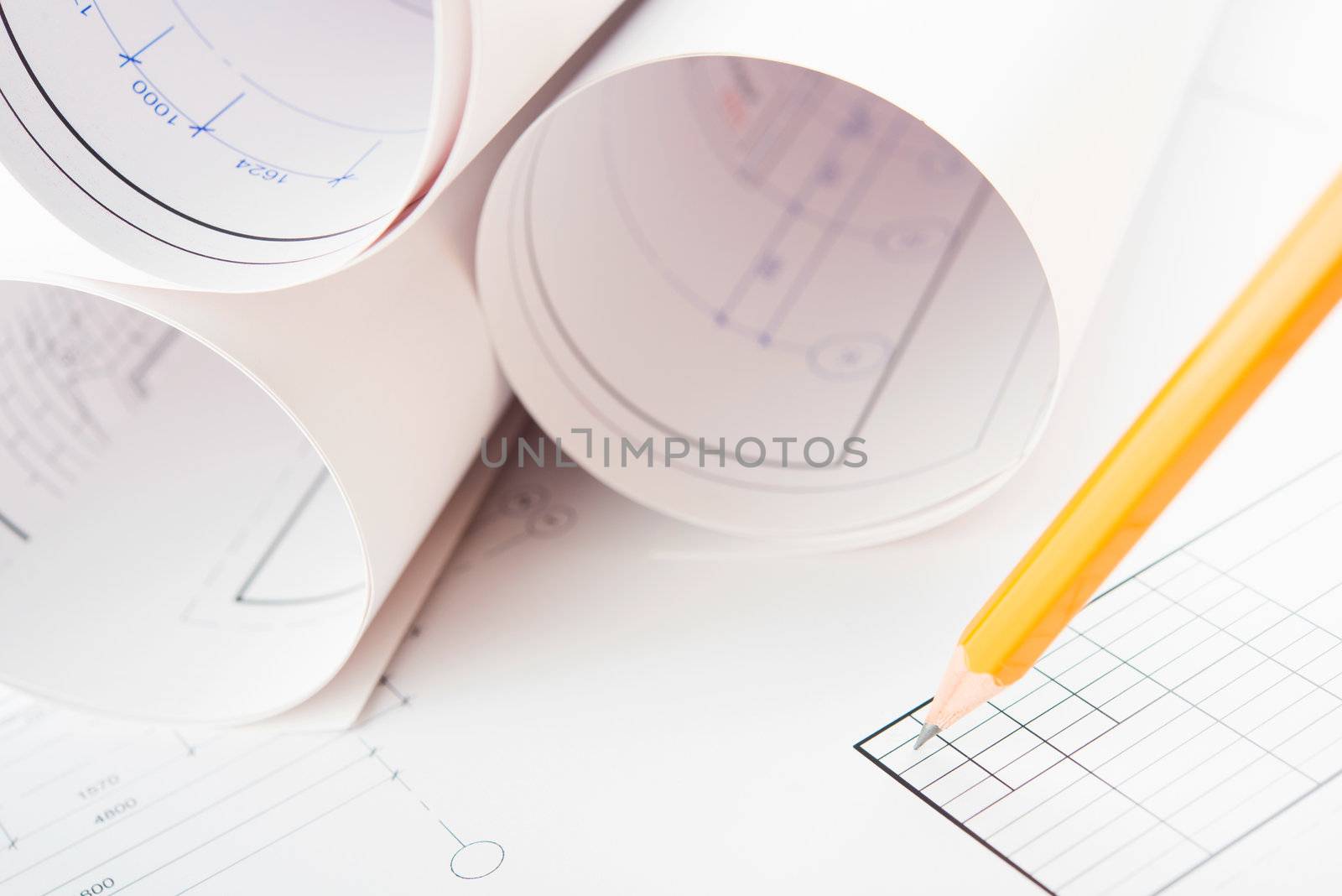 Rolls of Blueprints and pencil. Architectural Concept