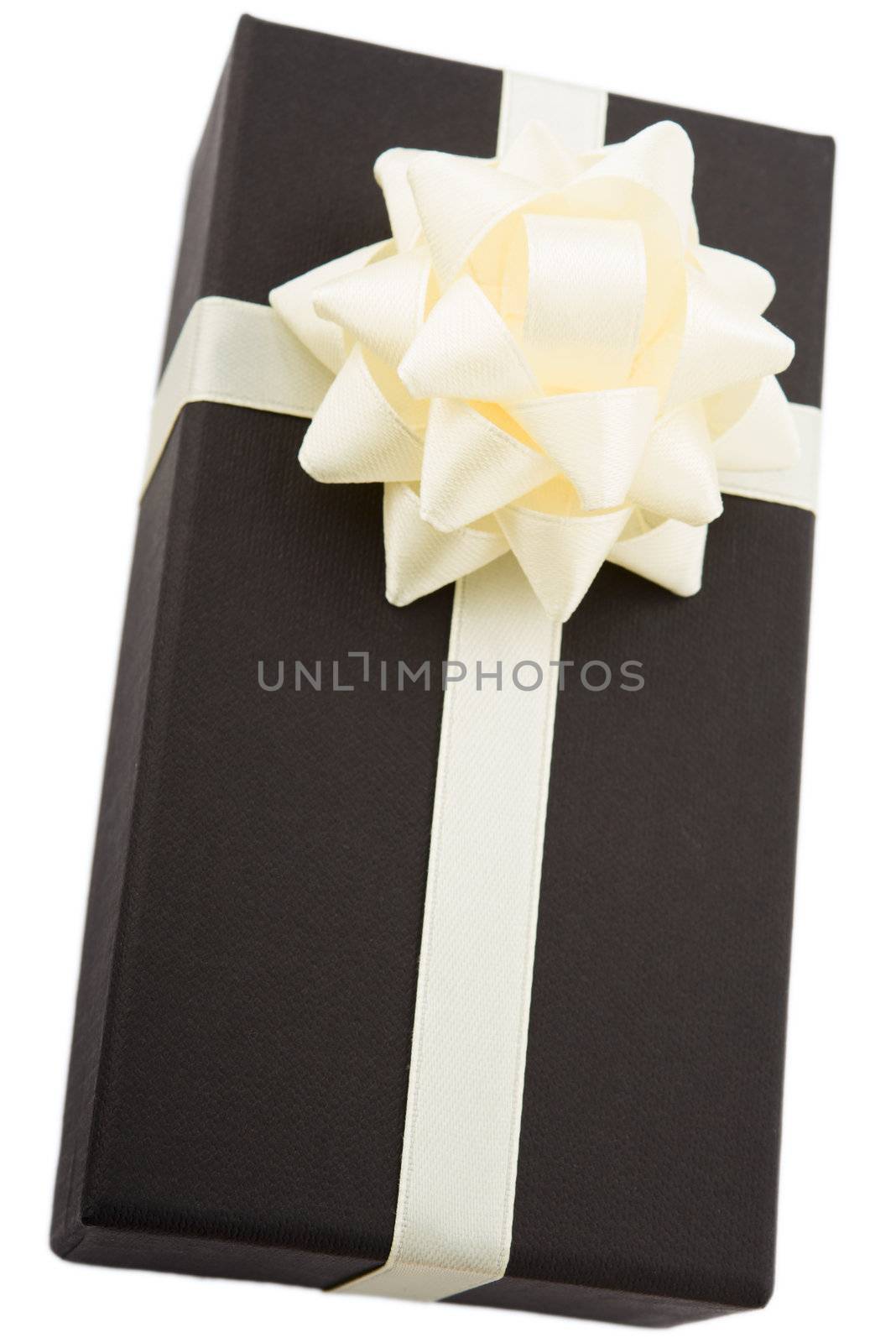 Black gift box with white bow, isolated on white background