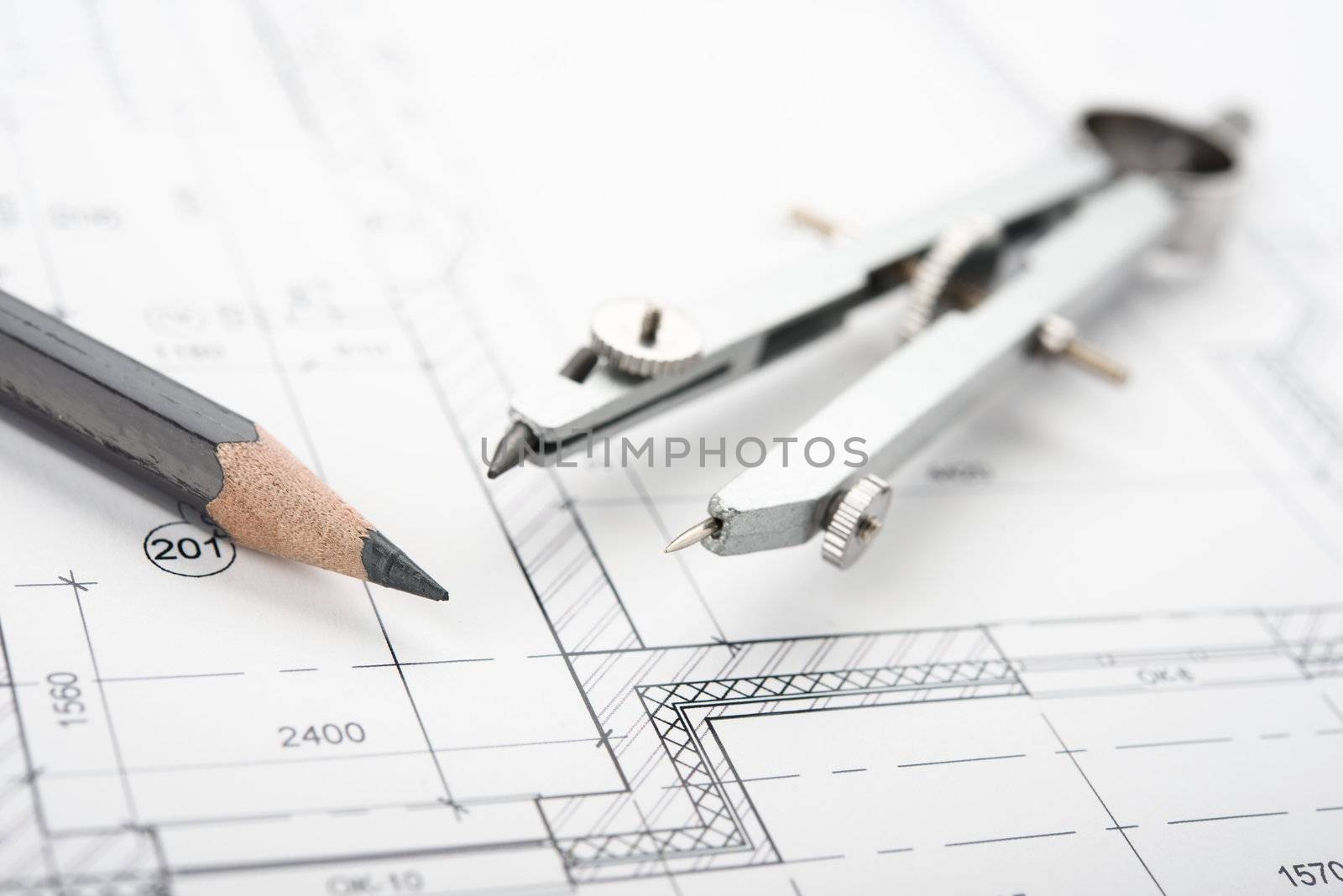 Drafting Tools and blueprint . Pencil etc.