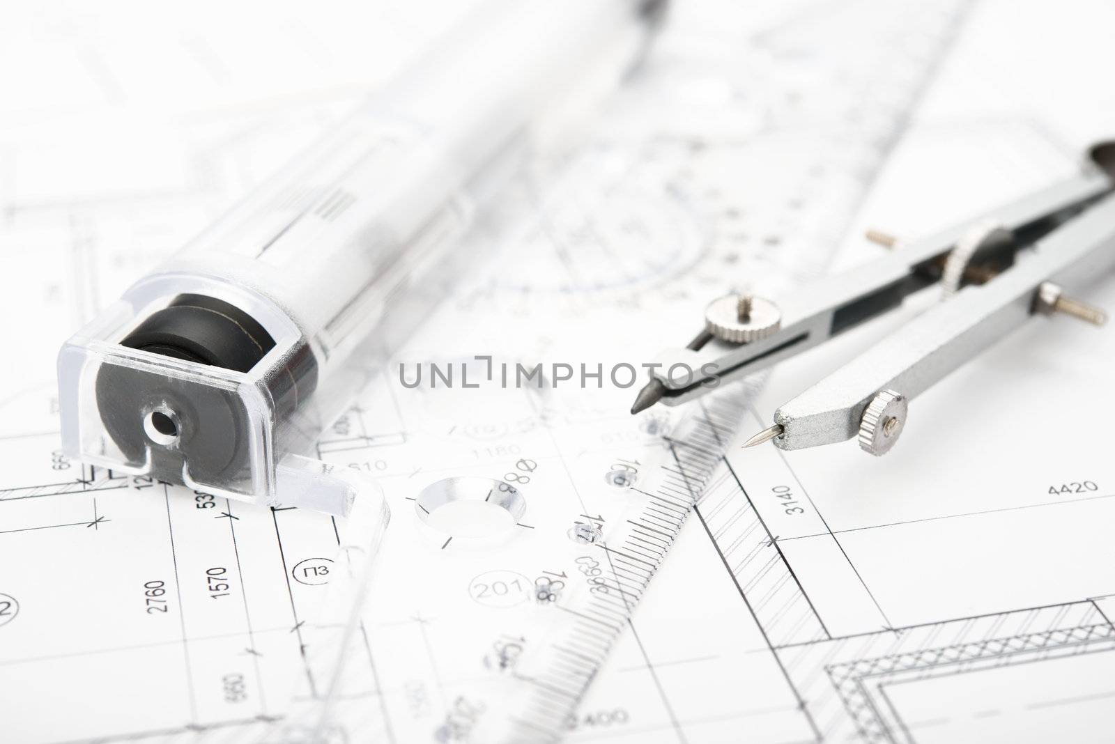 Drafting Tools and blueprint . Pencil etc.