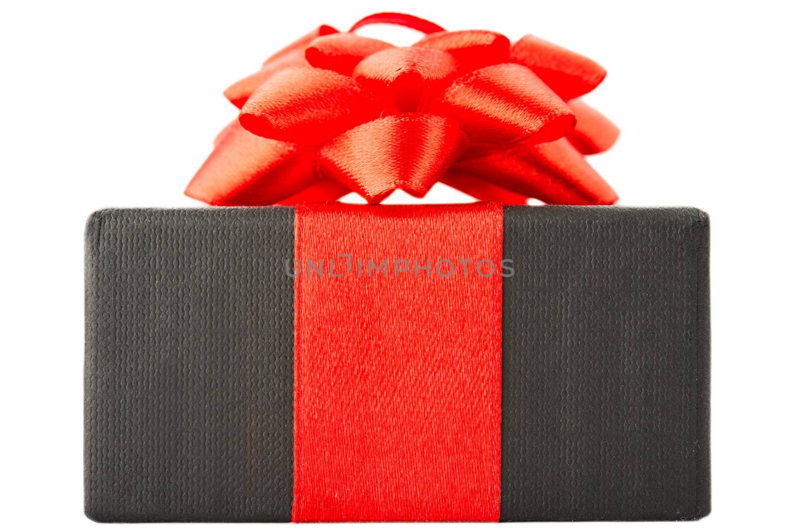 Black gift box with red bow, isolated on white background