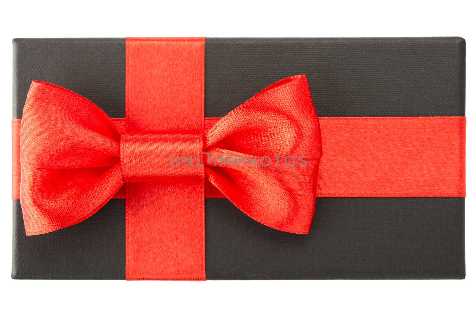 Black gift box with red bow, isolated on white background