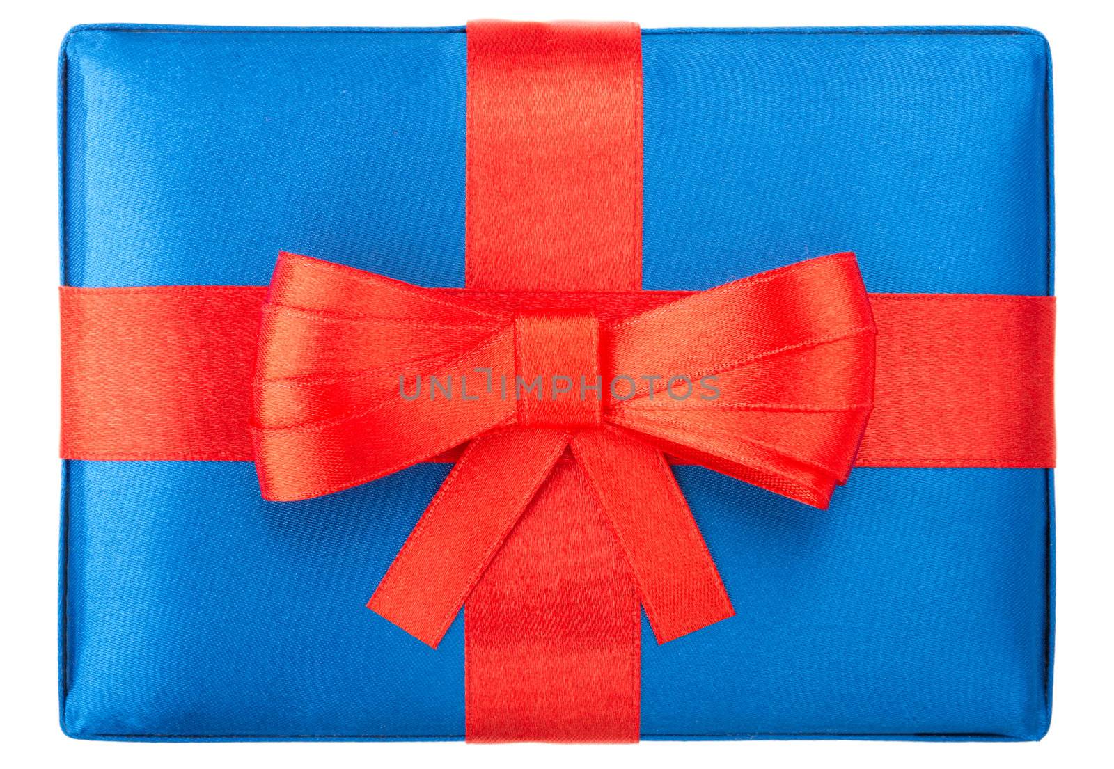 Blue gift box with red bow, isolated on white background