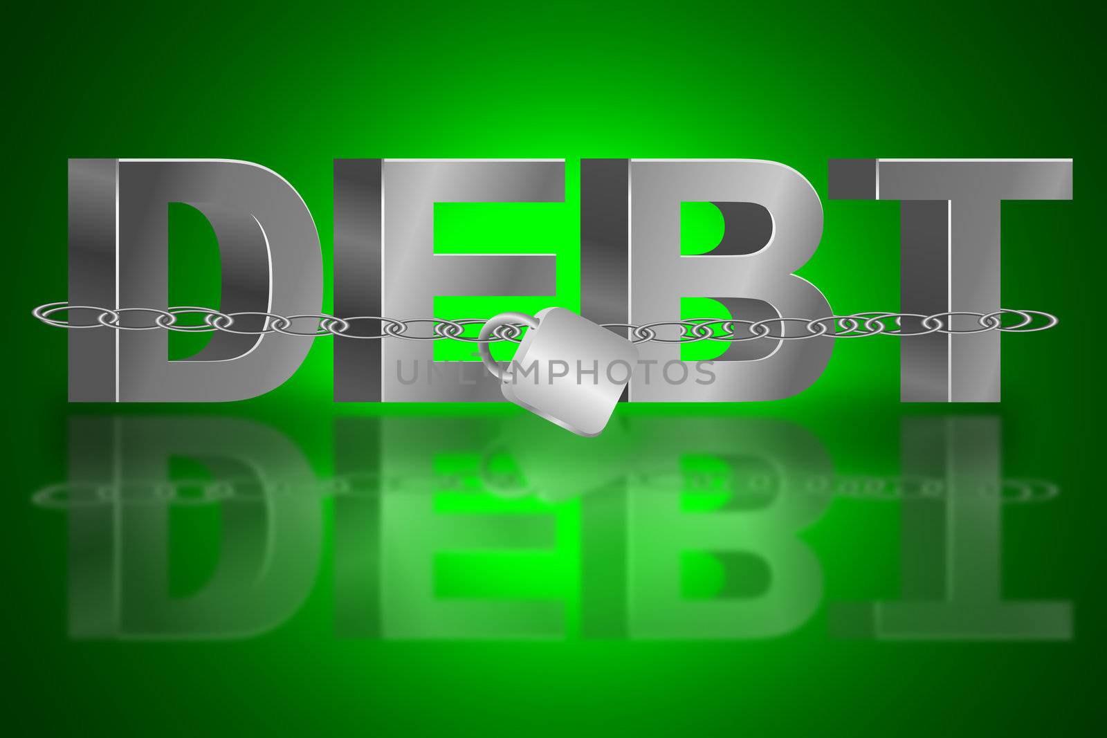 Illustration depicting the word 'debt' with a chain and padlock. Green light effect background and reflecting into foreground.