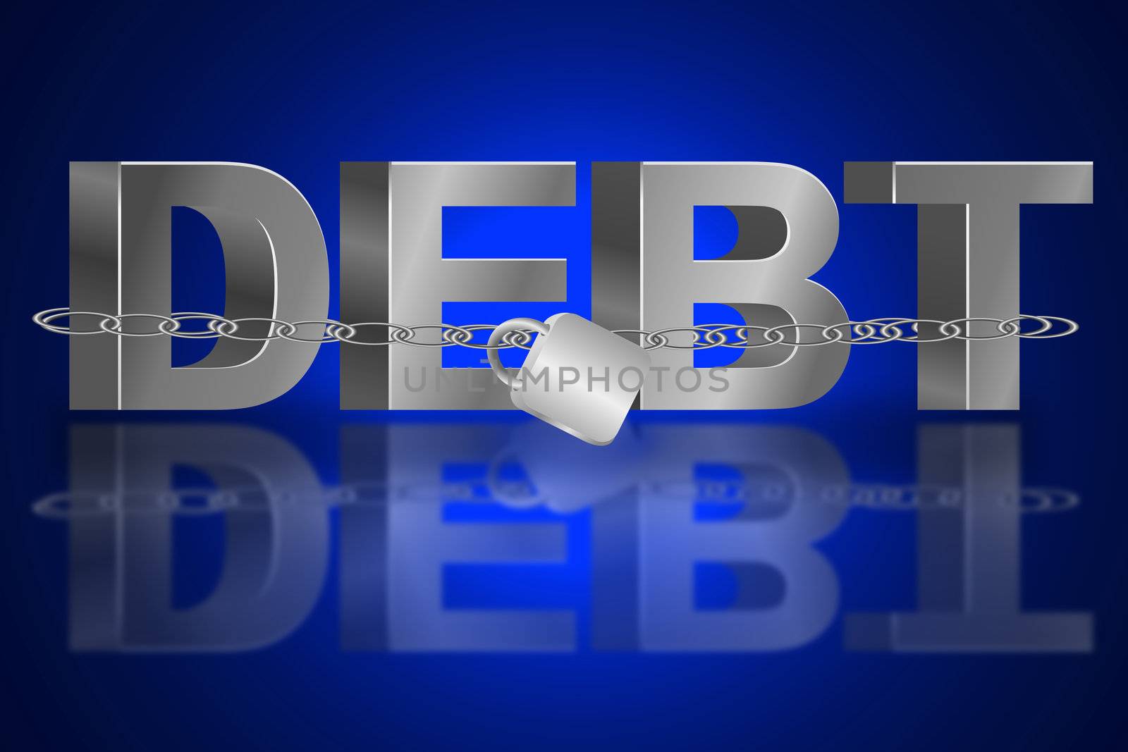Illustration depicting the word 'debt' with a chain and padlock. Blue light effect background and reflecting into foreground.