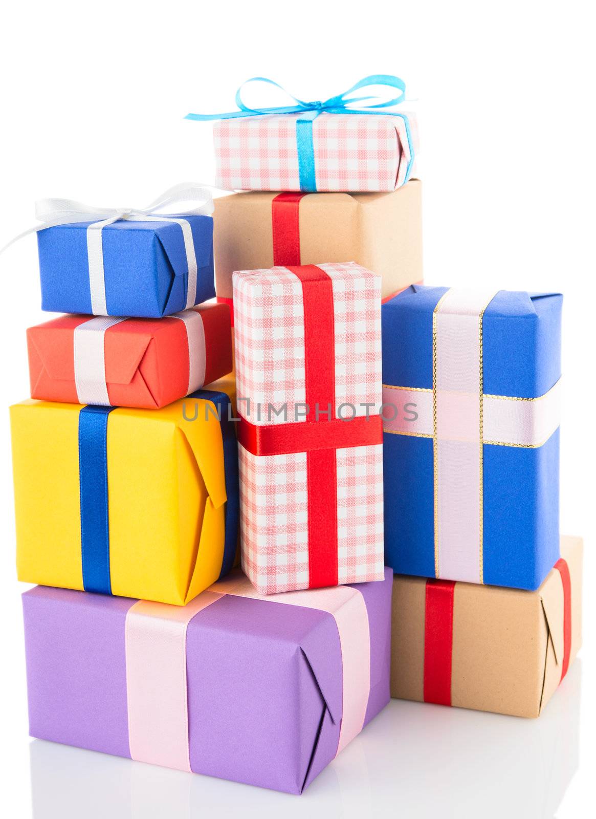 Gift boxes isolated on white background with reflection