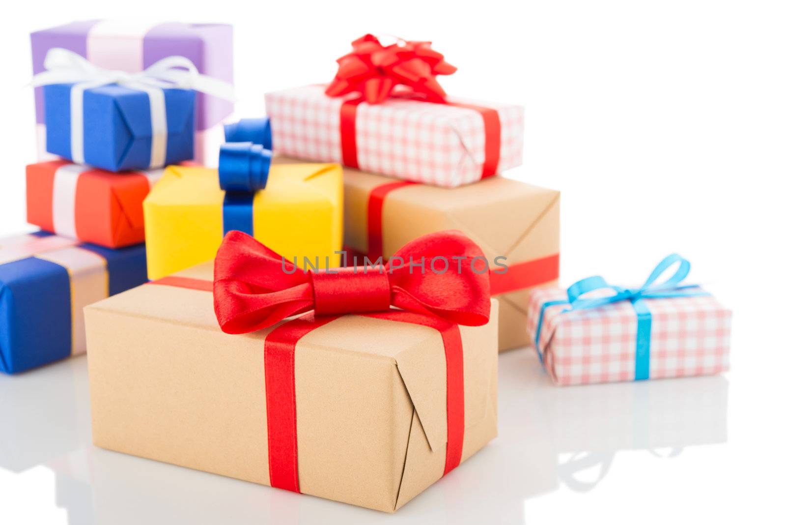 Gift boxes isolated on white background with reflection
