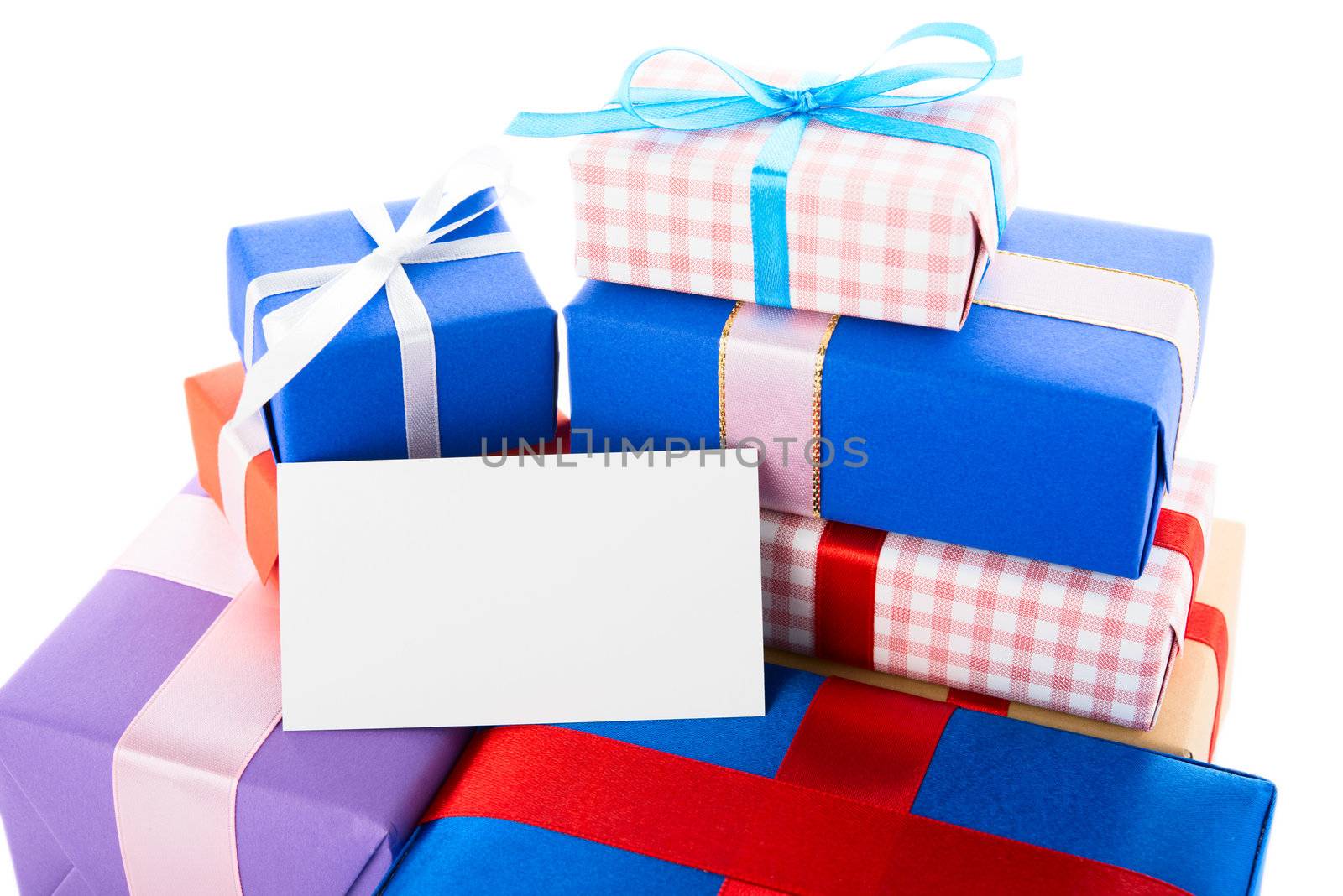 gift boxes with greeting card isolated on white background