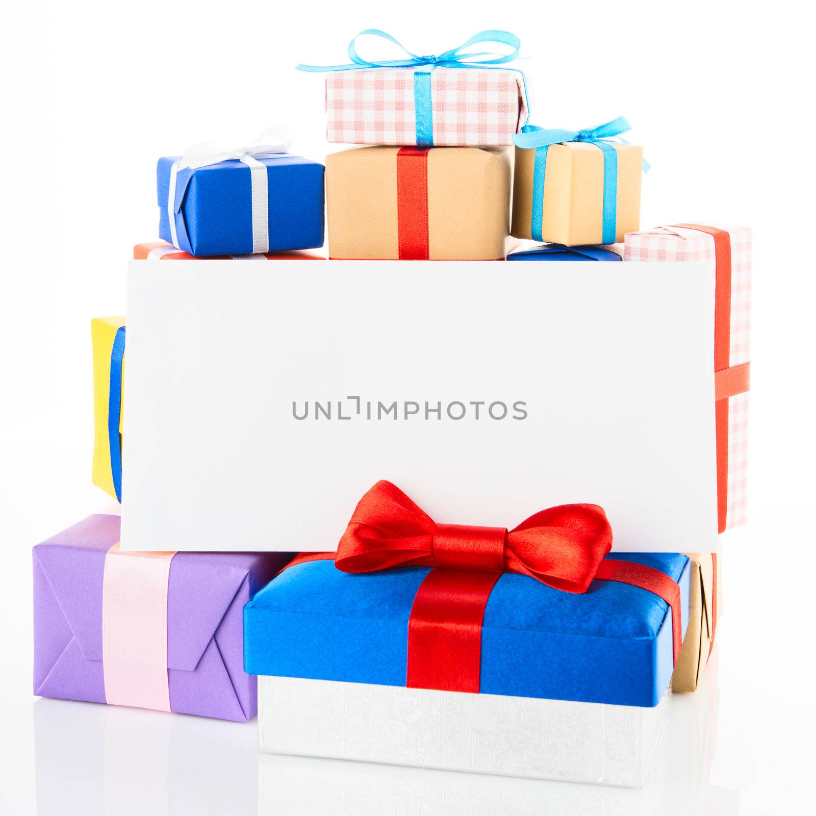 gift boxes with greeting card isolated on white background