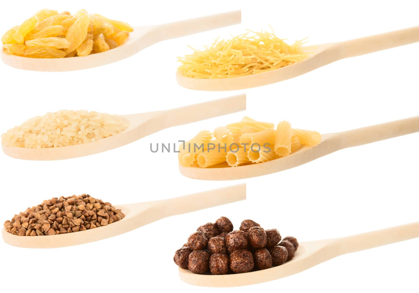  spoons with varieties groats isolated on white