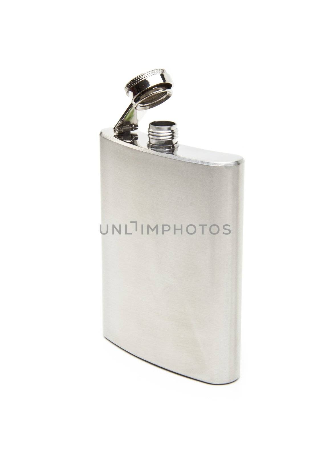 front view of metallic flask on white background by ozaiachin