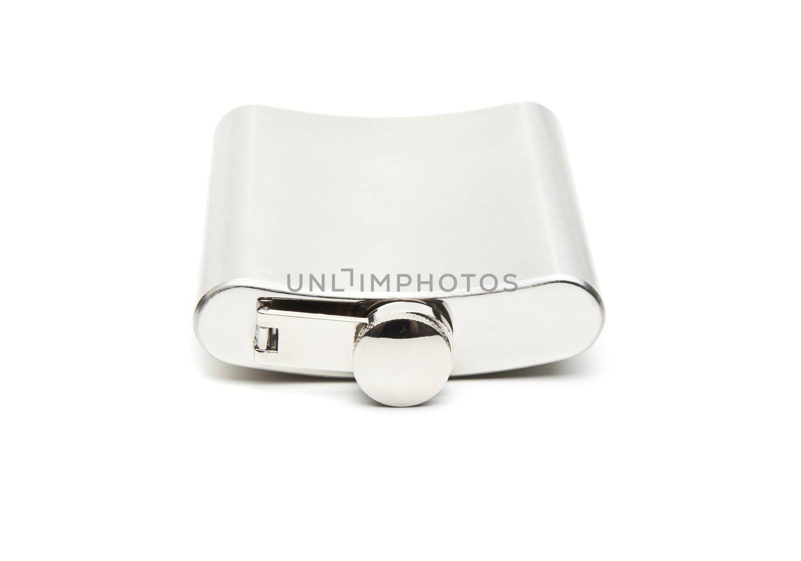 front view of metallic flask on white background