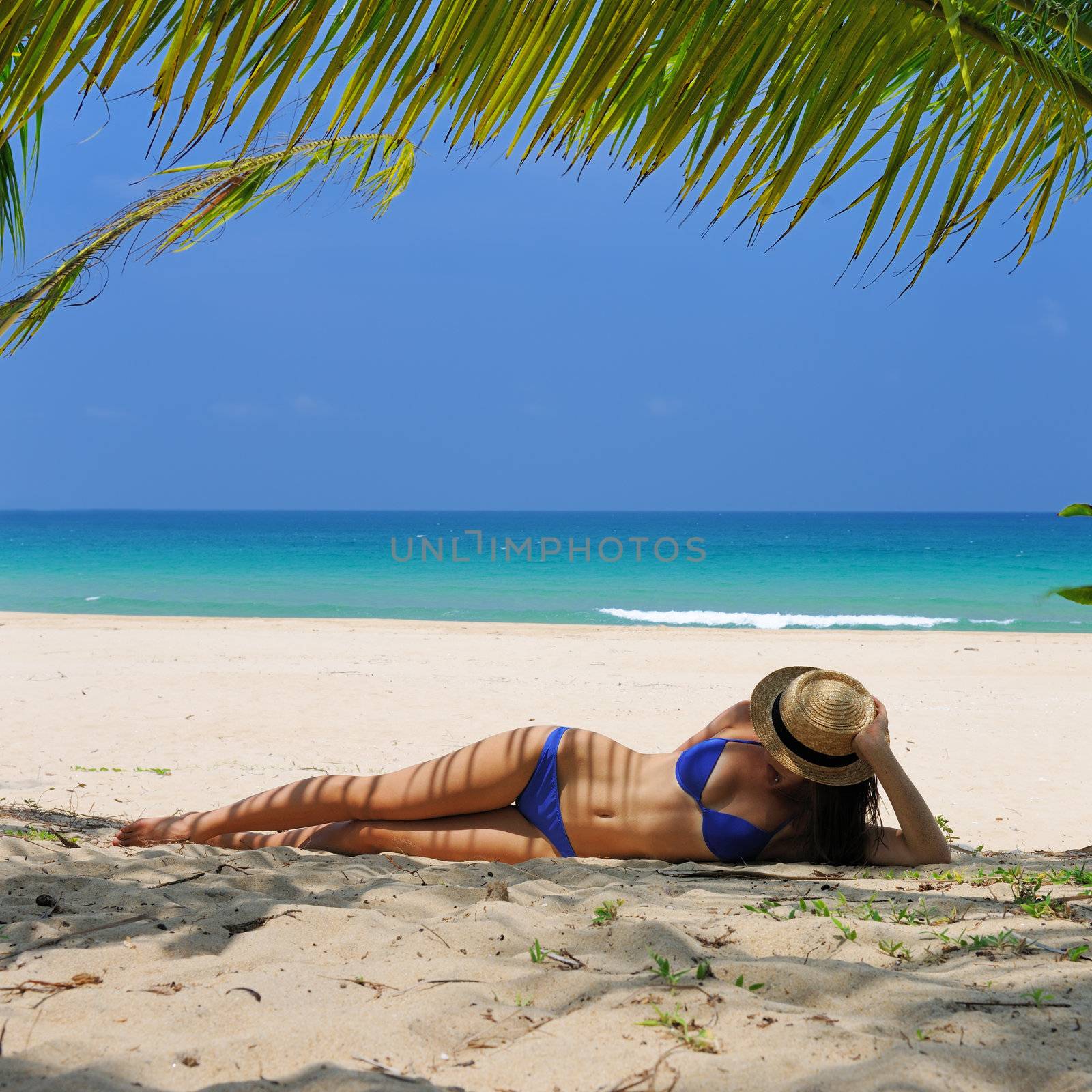 Woman at beach under palm tree with leaf shadow on her body