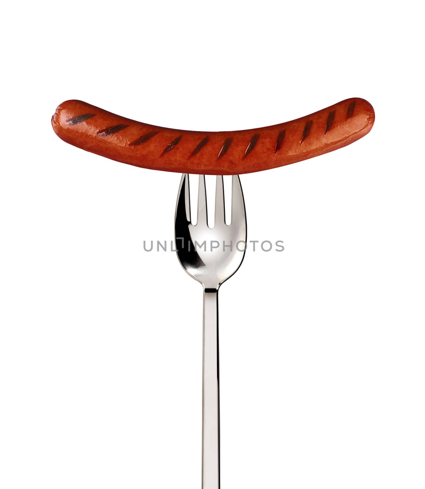 Close-up of fried sausage on a fork