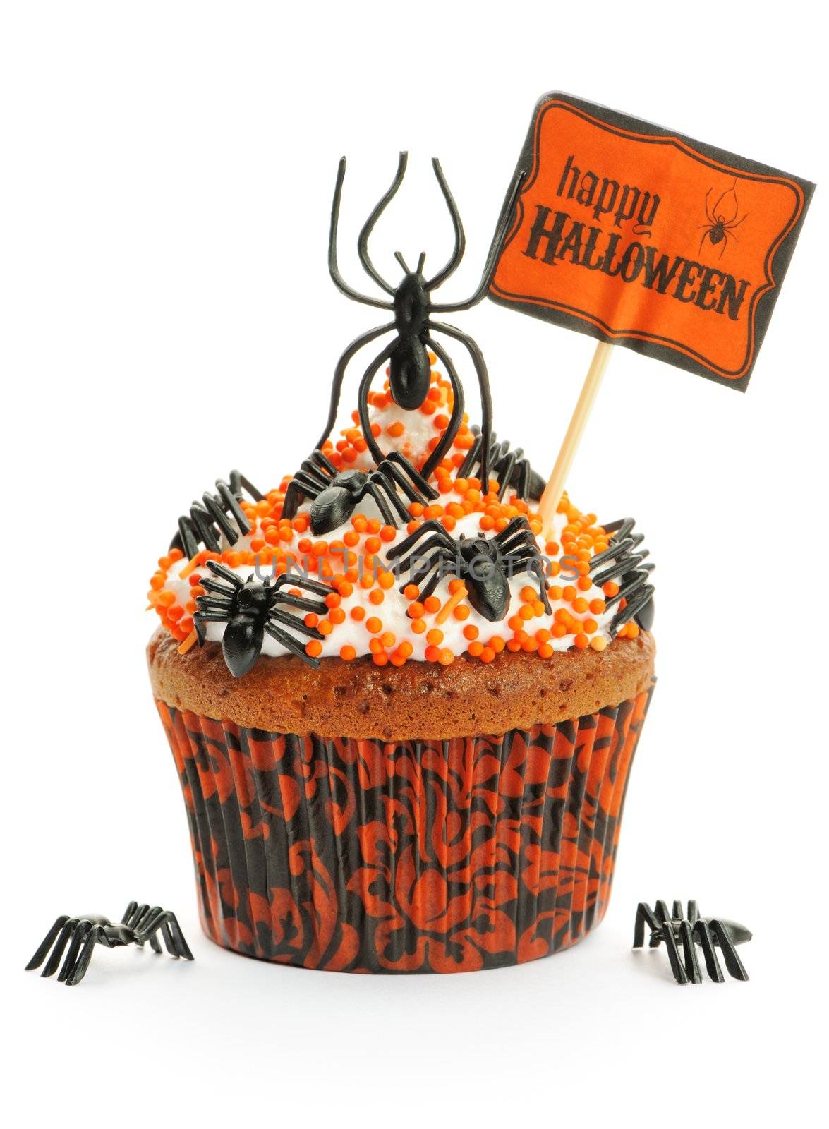 Halloween cupcake with decoration isolated on white