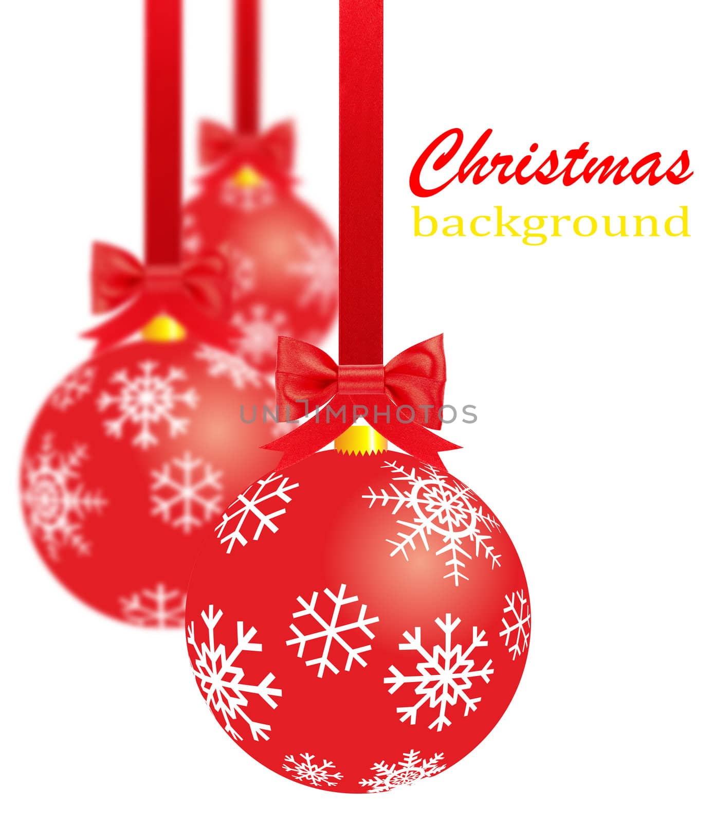 Three red christmas decorations with ribbons and bows