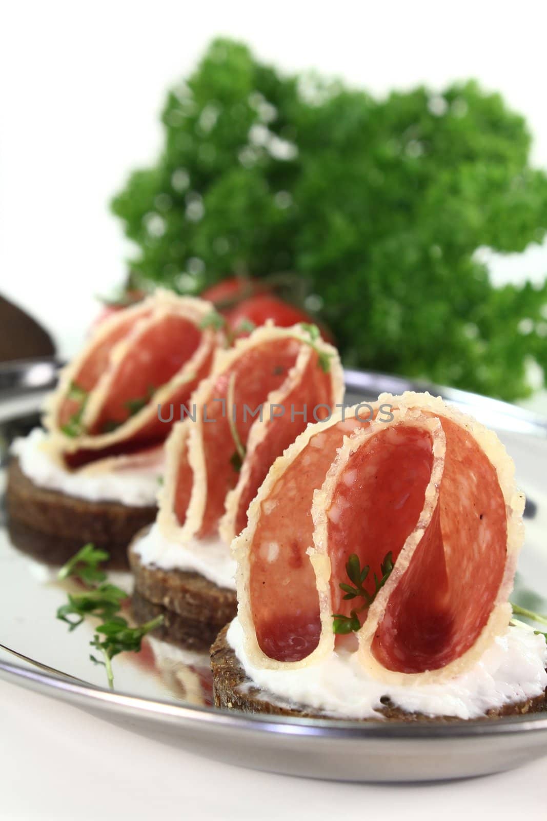 Canapes with salami, cream cheese and garden cress